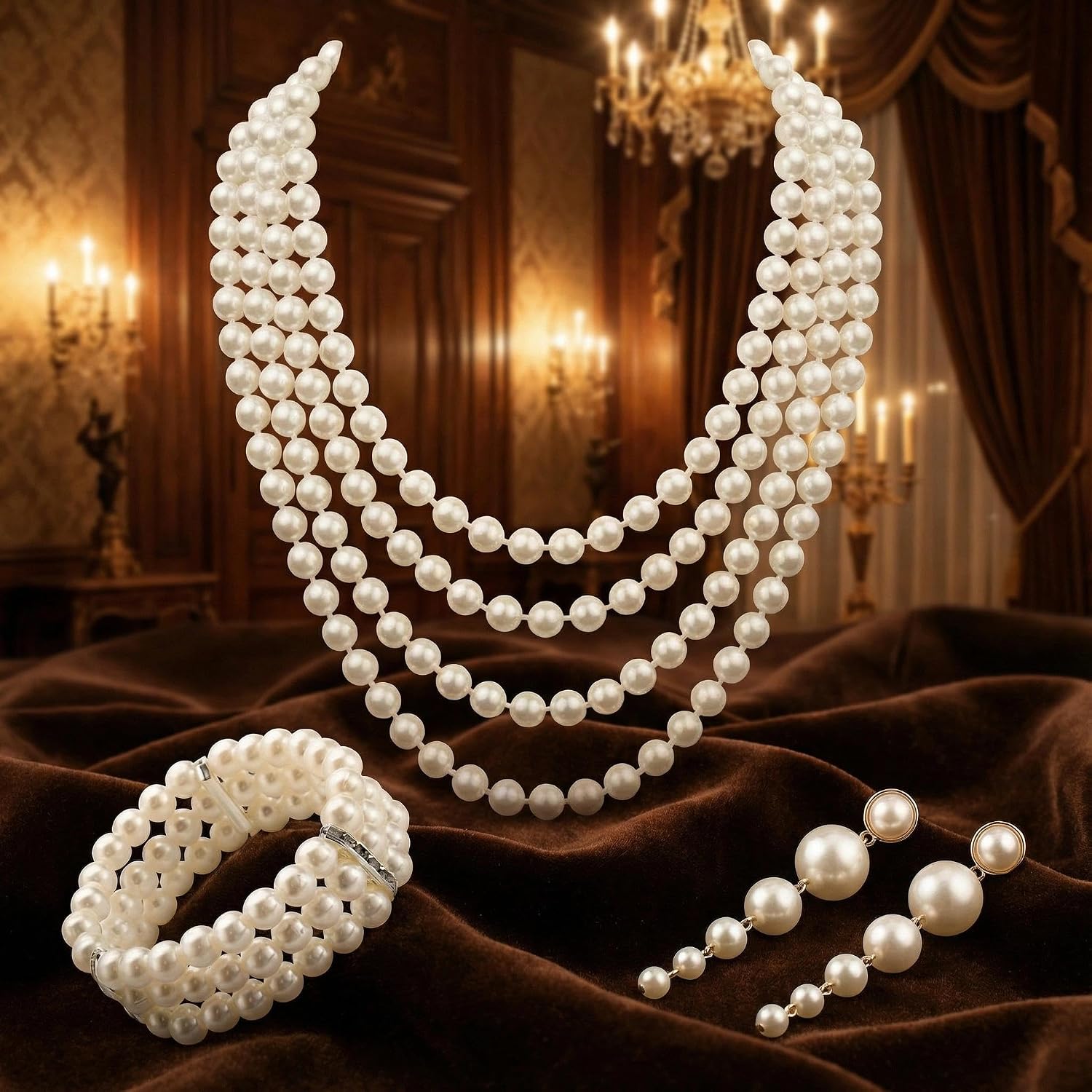 Set of 3 Beads with Long Earrings, 3 Rows Stretch Pearl Bracelet, 1920s Pearl Necklace, 1920s Accessories, Pearl Jewellery Set for Women for Party, Prom, Wedding, Festival – Bild 3