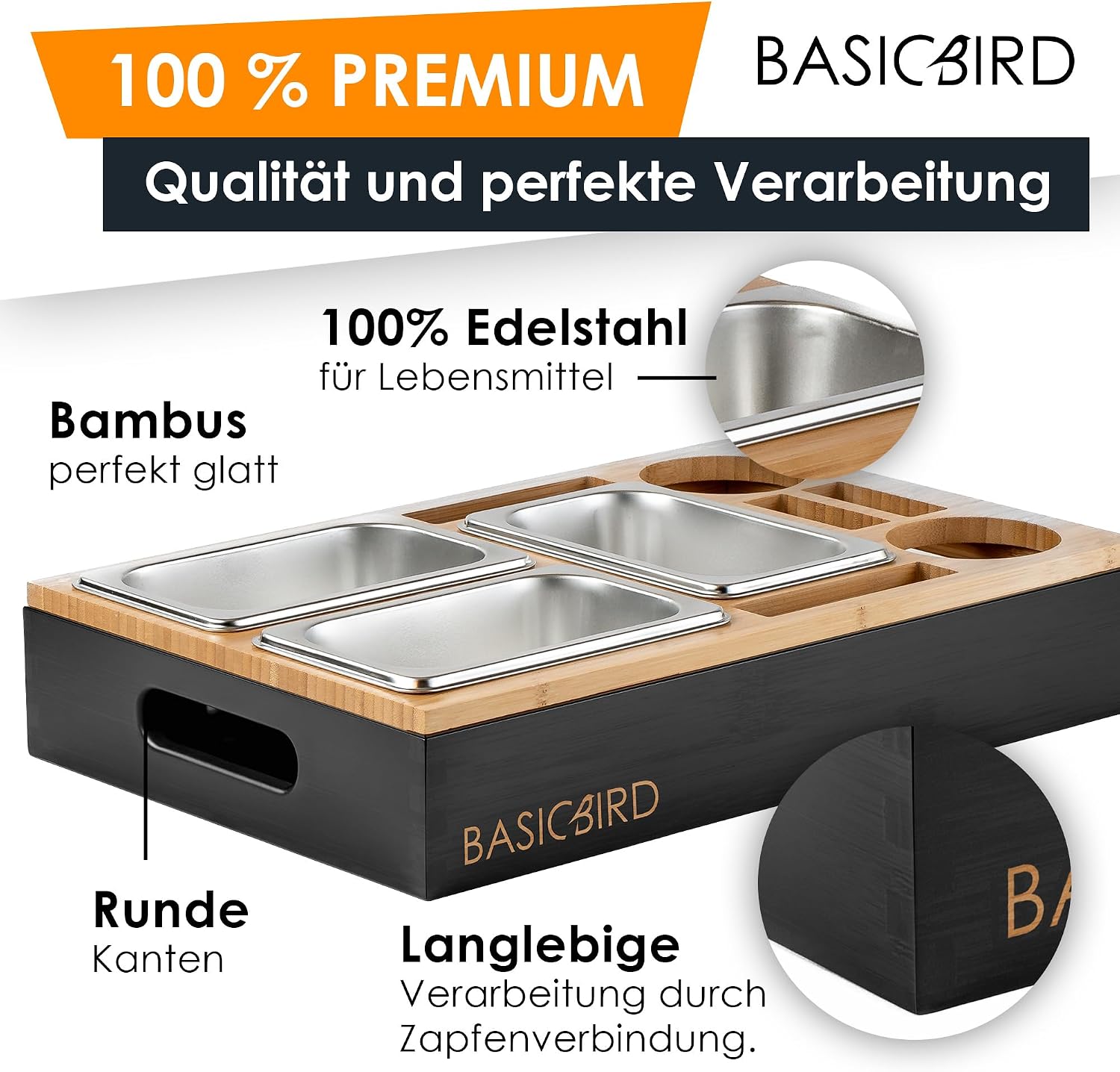 BASICBIRD® Couch Bar Snack Box - Organiser Tray - Snack Dispenser with 3 x Snack Bowls - Wooden Sofa Tray for Sofa, Decoration, Couch Bar with Drink Holder and Compartments - Motorhome Equipment – Bild 4