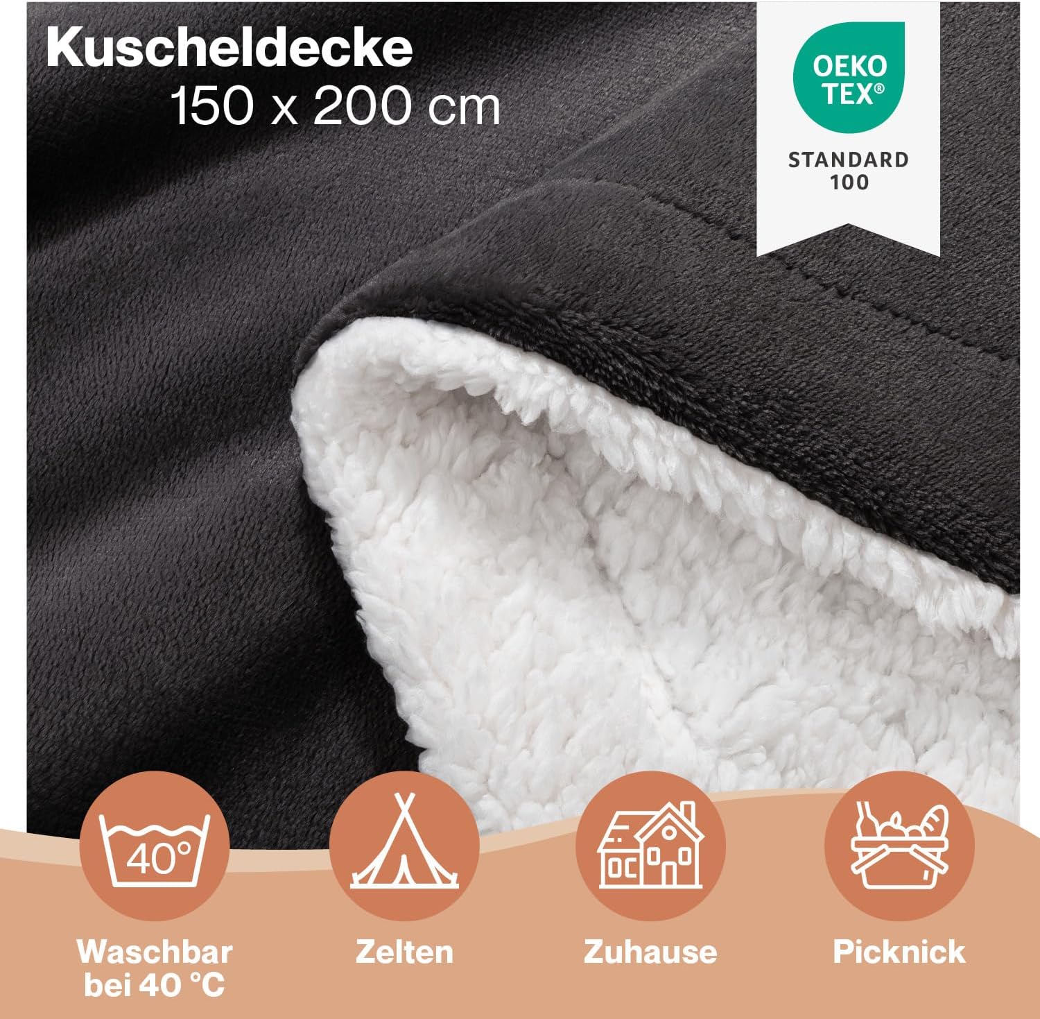 Blumtal Premium Sherpa Cuddly Blanket, Fluffy, 150 x 200 cm, Oeko-Tex Certified, Sofa Blanket with Thick Sherpa Inside, Super Fluffy Blanket, Extra Thick and Warming, Plush Blanket, Anthracite – Bild 2