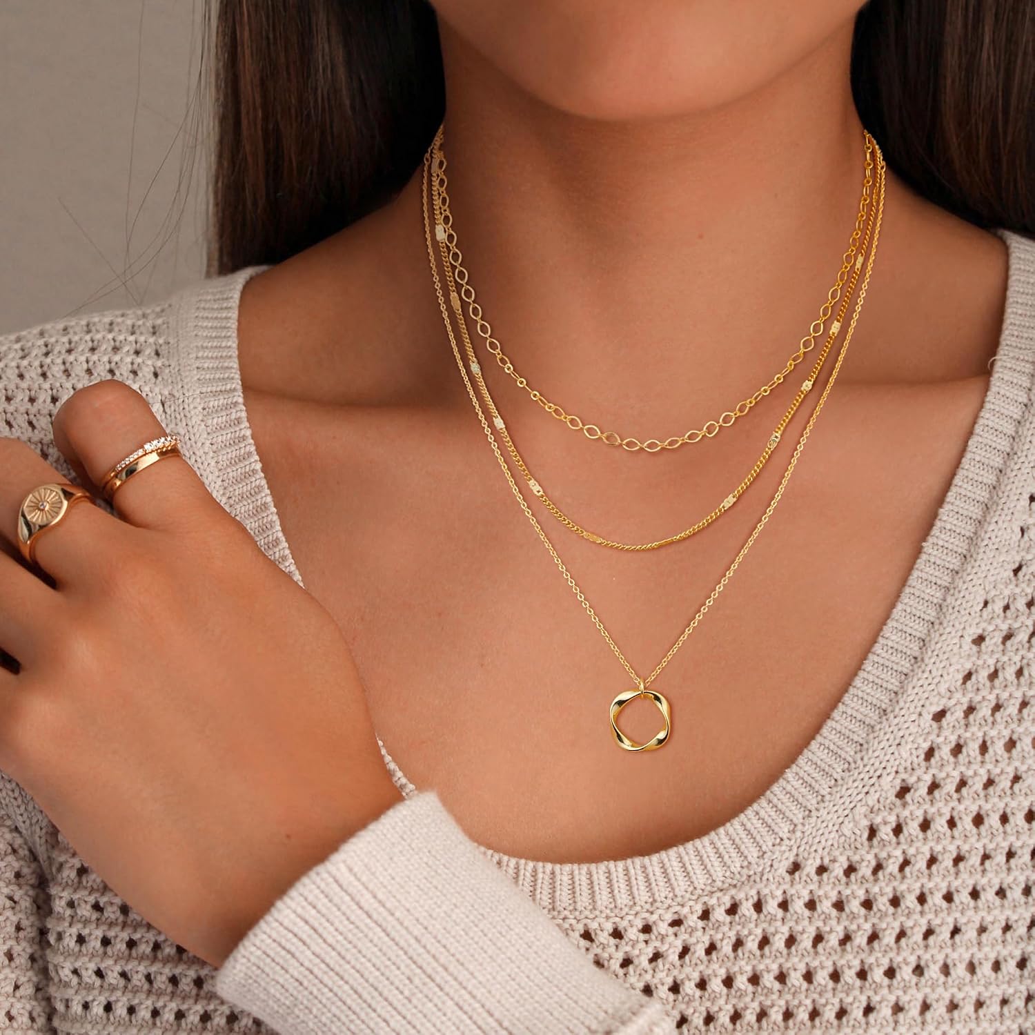 Tewiky Layering Necklace Women's - 14K Gold Plated / 925 Silver Trendy with Circle Pendant, Waterproof Jewellery Set Gifts for Women Girls – Bild 3