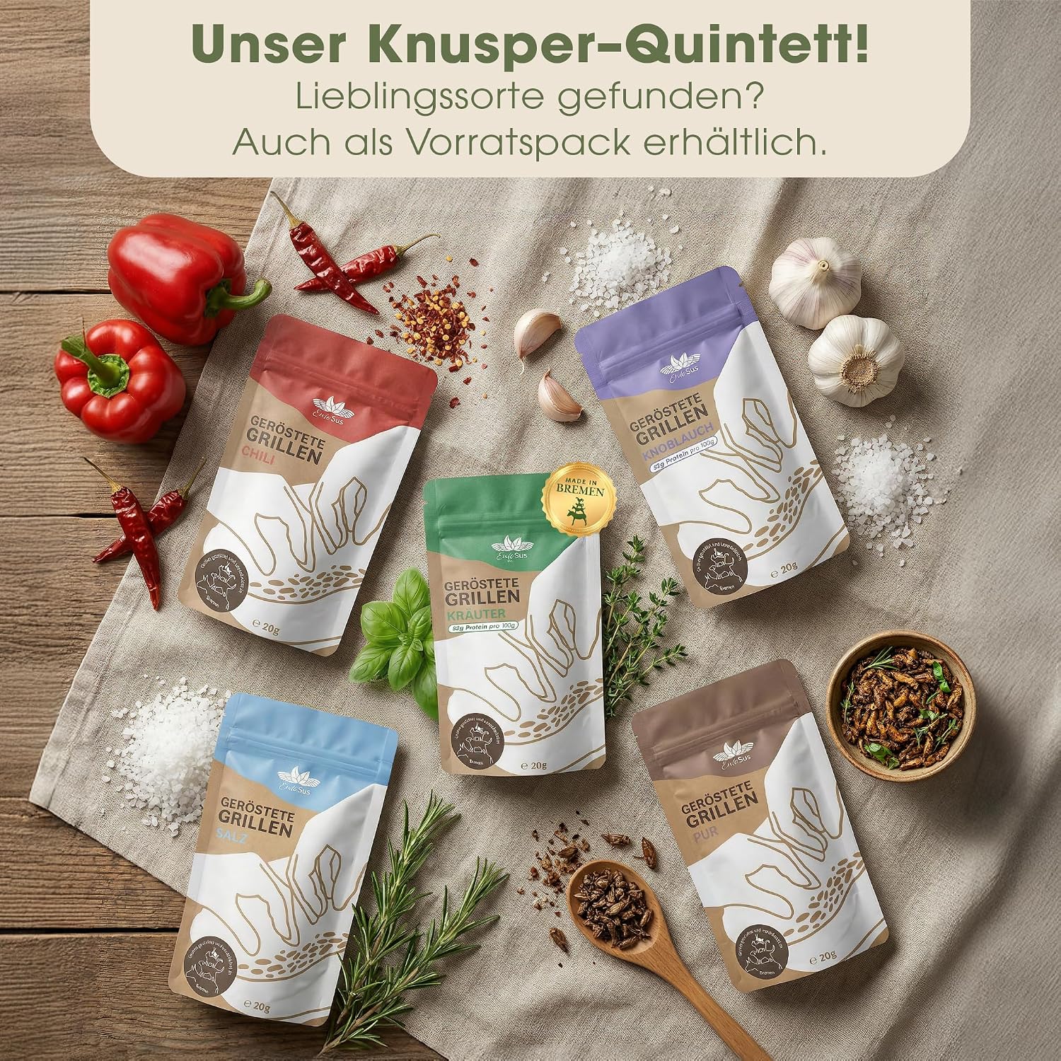 EntoSus Tasting Set Roasted Grills, 5 Flavours, Crunchy Snack Grilling, Sustainable Meat Substitute, Insects as Protein Snack or Cooking Ingredient, Cured in Germany, Contents: 5 x 20g – Bild 13