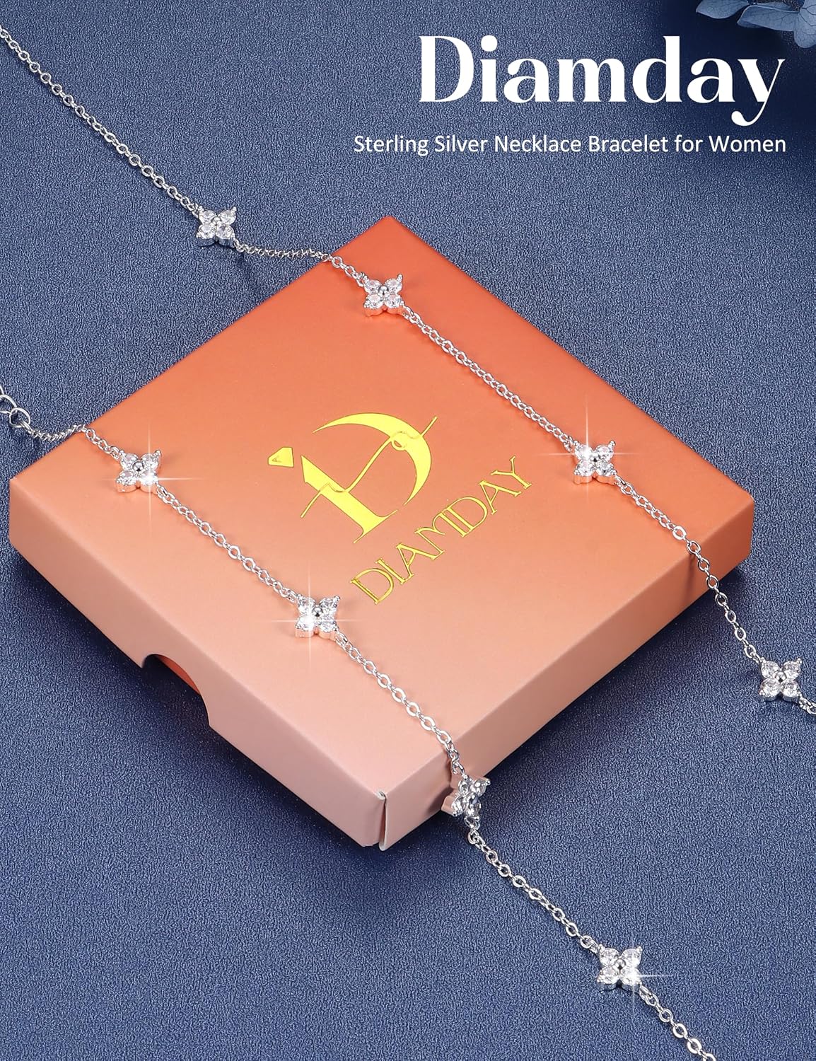 Diamday Women's 925 Silver Necklace Bracelet Gold Silver Jewellery Set Adjustable Choker Chain Bracelet Set with Zirconia Fashion Jewellery Wedding Bridal Jewellery Set Silver 925 Women – Bild 7