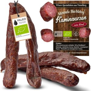 Organic Beef Fireplace Roots – Beef Raw Sausage, Sugar-Free, Gluten-Free – Protein Snack Made from 100% Organic Beef – Protein-Rich Mead Sausage, Dry & Handmade – 4 Pieces (Pack of 4)
