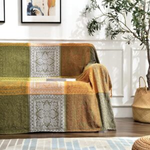 Jacquard Chenille Throw Blanket with Colorful Tassels for Sofa Chair Bed Soft Bohemian Hippie Room Decoration (Green, 150x200cm)