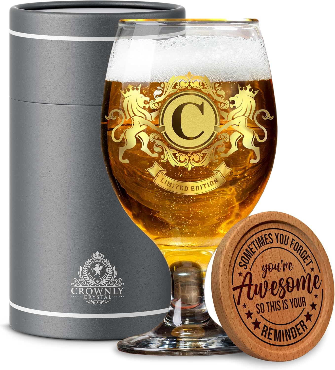 CROWNLY CRYSTAL® Personalised Beer Glass with Engraving - Advent Calendar for Men, Gift for Dad, Grandpa - Birthday Beer Gift (C)