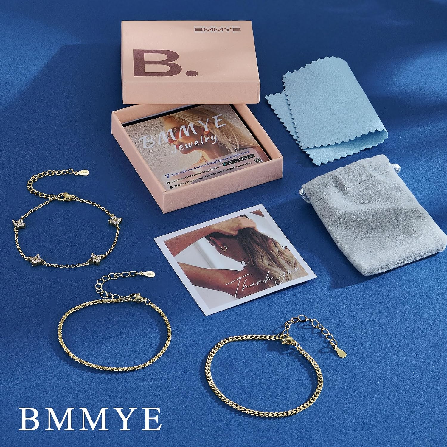 BMMYE Set of 3 Women's Bracelets, 925 Sterling Silver, Hypoallergenic, Adjustable, 14K Gold Plated with Cubic Zirconia Bracelets Set, Birthday Jewellery Gift for Women – Bild 8