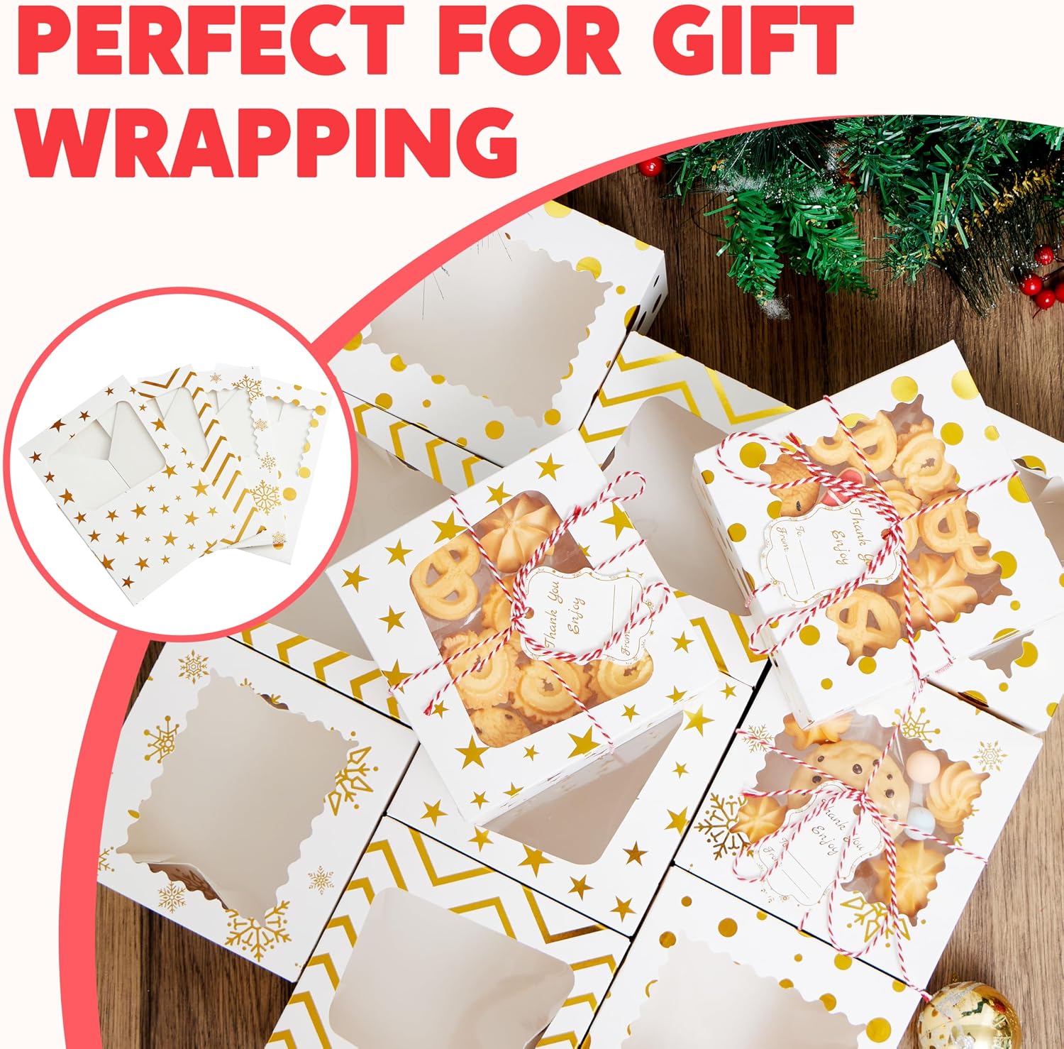 JOYIN Christmas Cookie Boxes, Gold Foil Box with Window, 6" x 6" x 3", Bakery Gift Wrapping with 4 Designs for Christmas, Holiday, Party, Pastry, Cupcakes, Cookies, Donuts, Pack of 24 – Bild 3