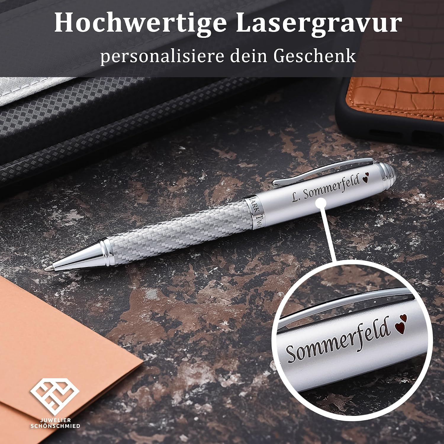 M A R K TWAIN Exclusive Ballpoint Pen with Engraving Metal Includes Gift Box in Silver Carbon Design Gift for Birthday Anniversary Various Occasions PS152 – Bild 2