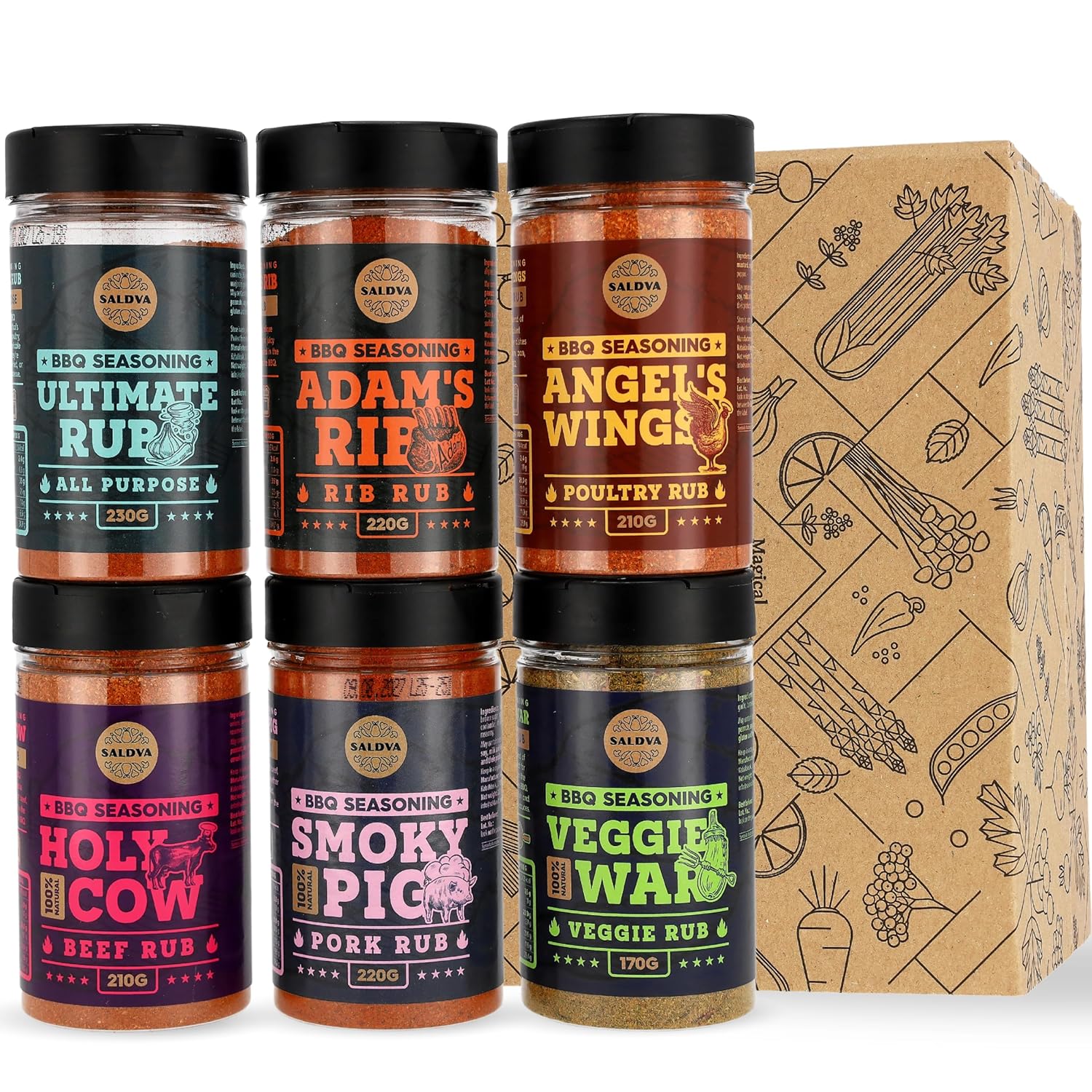 Classic Selection of Premium BBQ Spices - Holy Cow, Adam's Rib, Angel's Wings, Smoky Pig, Ultimate Rub & Veggie War | Pack of 6 | 100% Natural | Great Foodies Gift