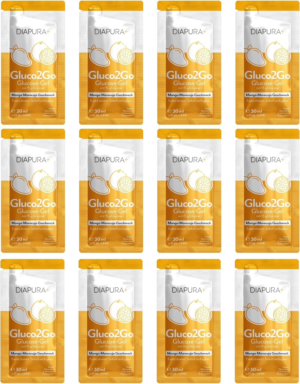 Gluco2Go Glucose-Gel Mango-Maracuja, 15 g Traubenzucker, 12x30 ml | Glucose-Gel mit exakt 15g schnell verfügbarer Glucose pro Portion | Klein & immer dabei | Sicher fühlen bei Unterzuckerungen