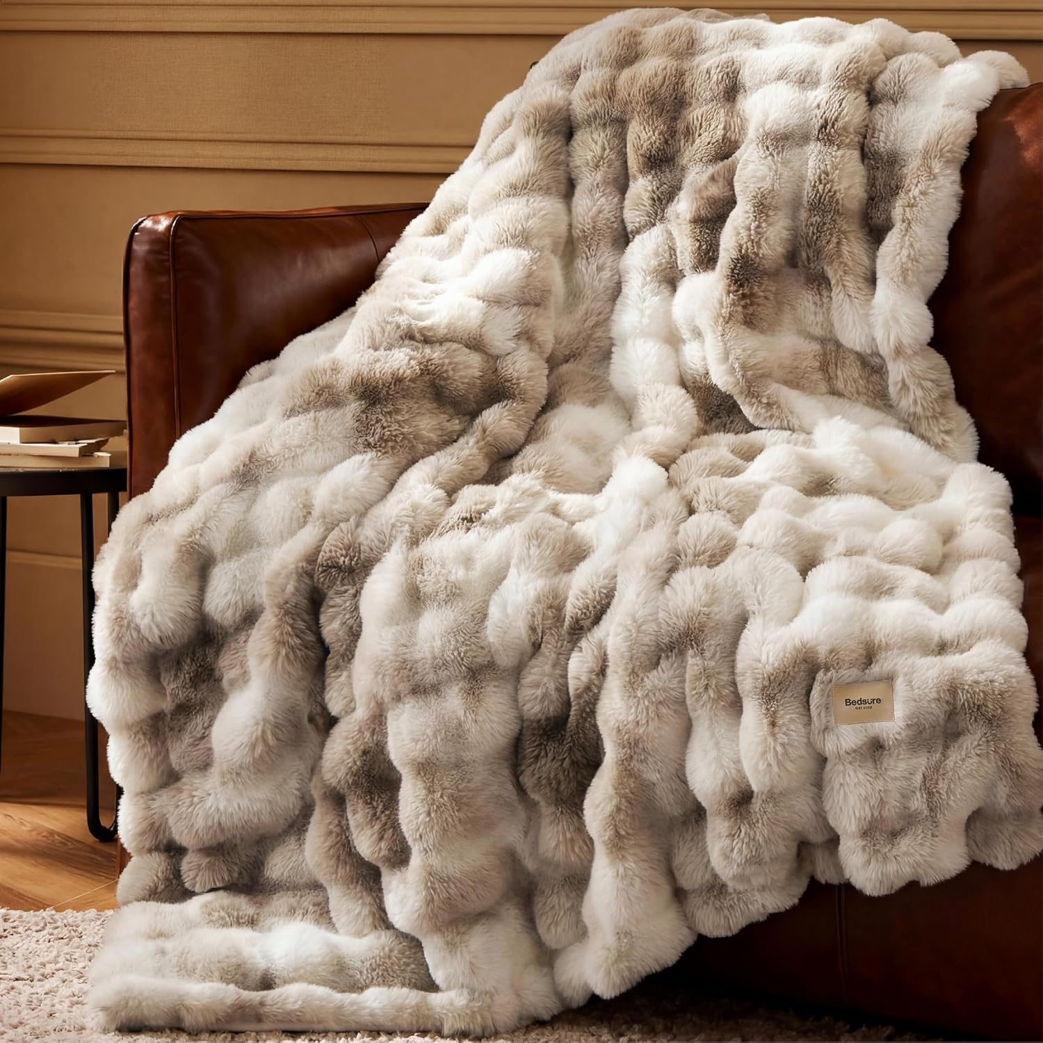 BEDSURE Cuddly Blanket Faux Fur Bubble Blanket Tie Dye Taupe 130 x 150 cm