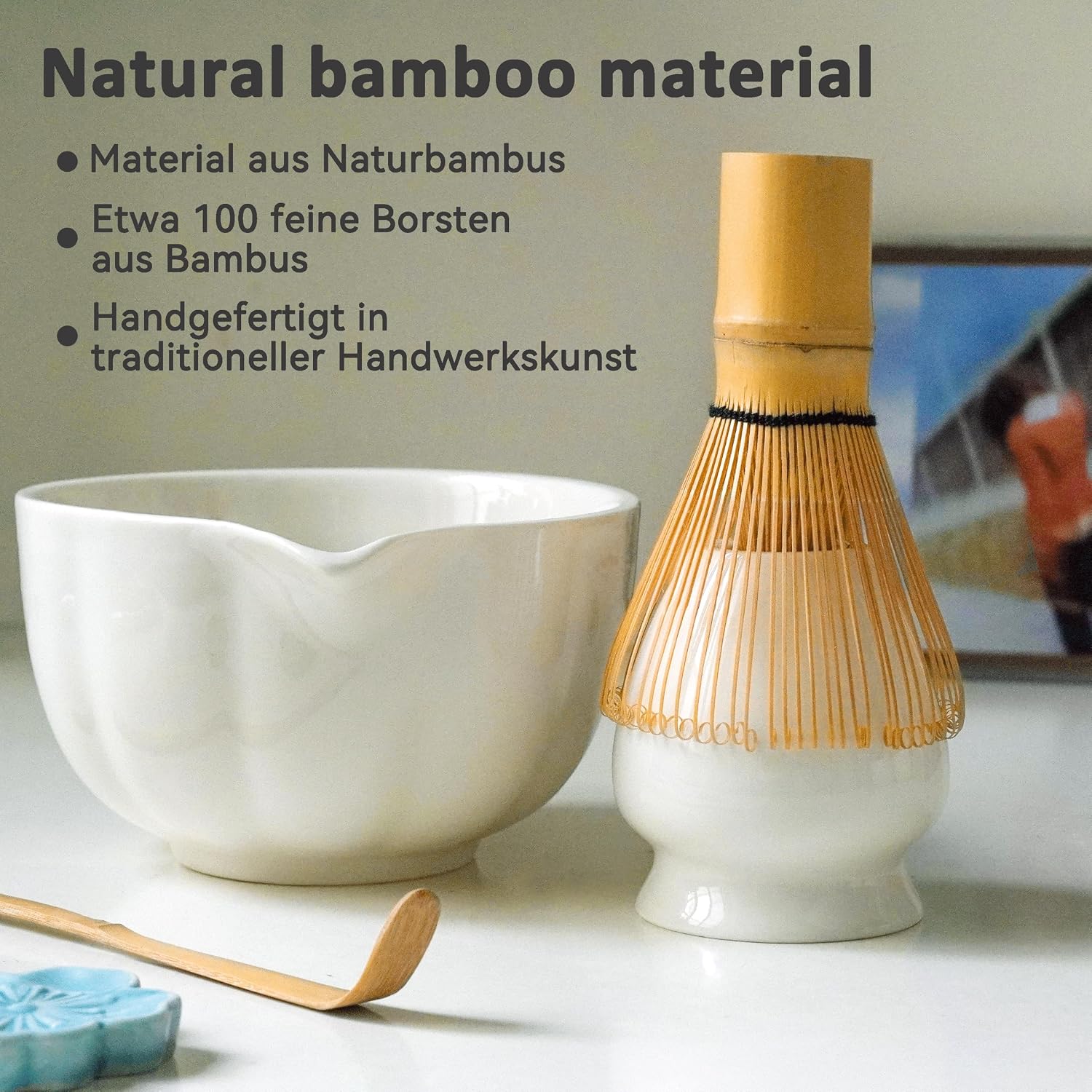 Premium Matcha Set 7-Piece - Exclusive Tea Ceremony Set with Bamboo Chases (Broom), White Ceramic Bowl, Spoon & Accessories, Original Gift for Matcha – Bild 3
