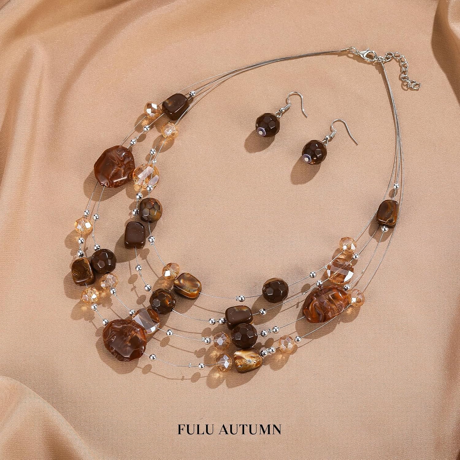 FULU AUTUMN Boho Multilayer Pearl Necklace Women's Pearl Statement Necklace and Earrings Set Fashion Jewellery for Mothers Wife Grandma Fashion Gifts – Bild 2