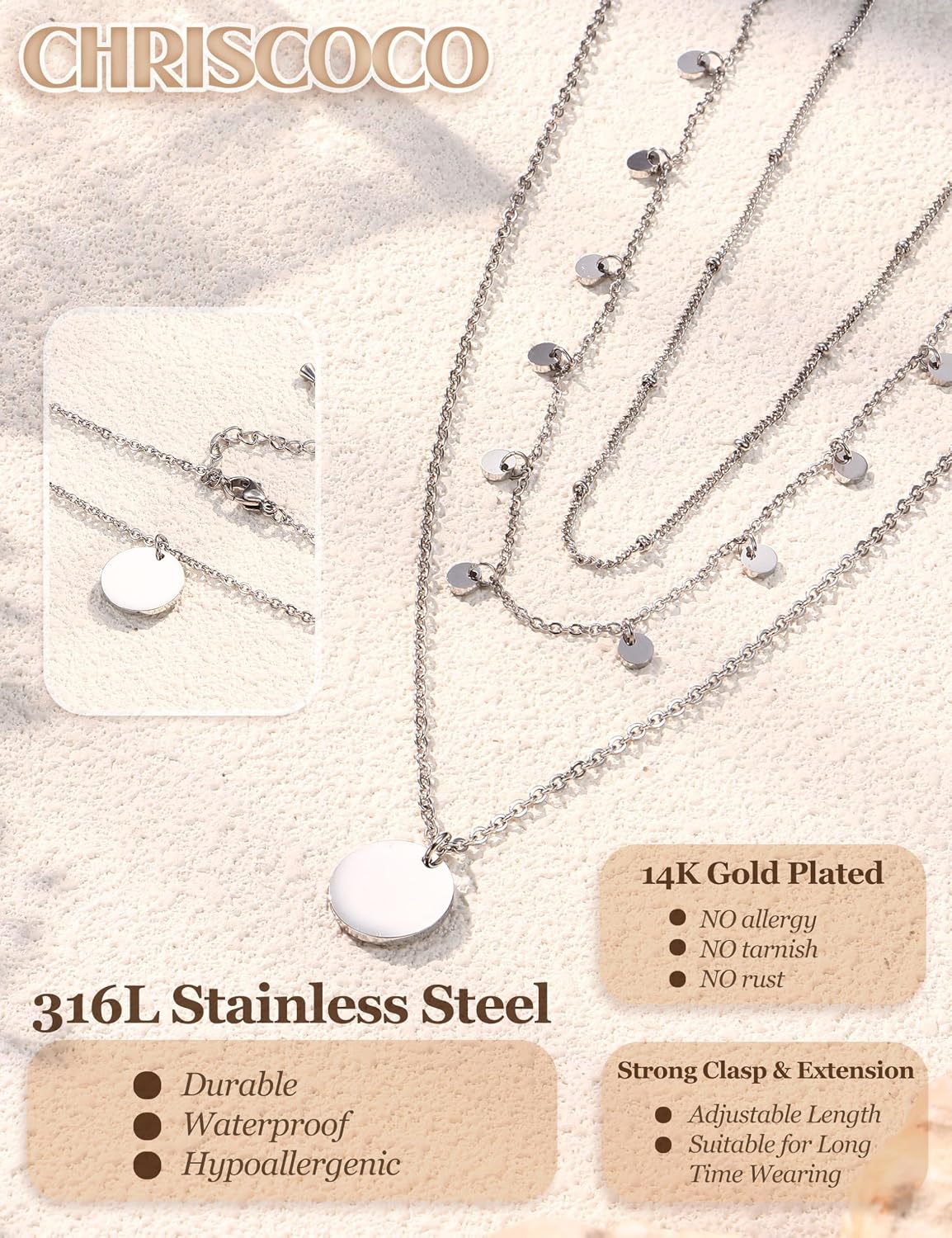 Chriscoco Women's Layering Necklace Gold / Silver 14 K Gold-Plated Stainless Steel Chain with Coin / Heart Pendant Waterproof Adjustable Gold Chain Silver Chain Pack of 3 – Bild 2