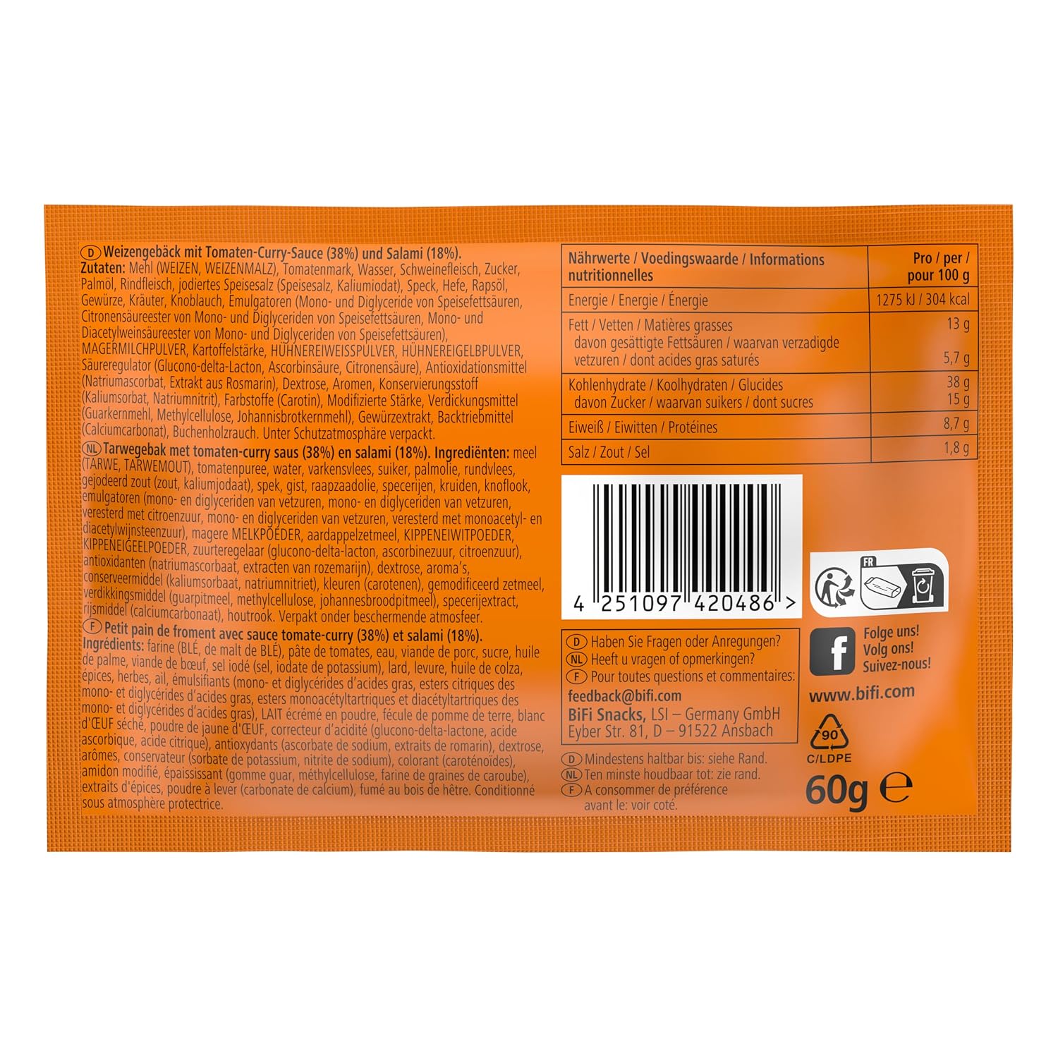 BiFi Currywurst - Pack of 8 (8 x 60 g) - Salami Sausage Snack with Curry Sauce in a Loose Dough - Sausage in Wheat Bun To Go - for On the Go, in the Office or during Sports - Ham Sausage – Bild 3
