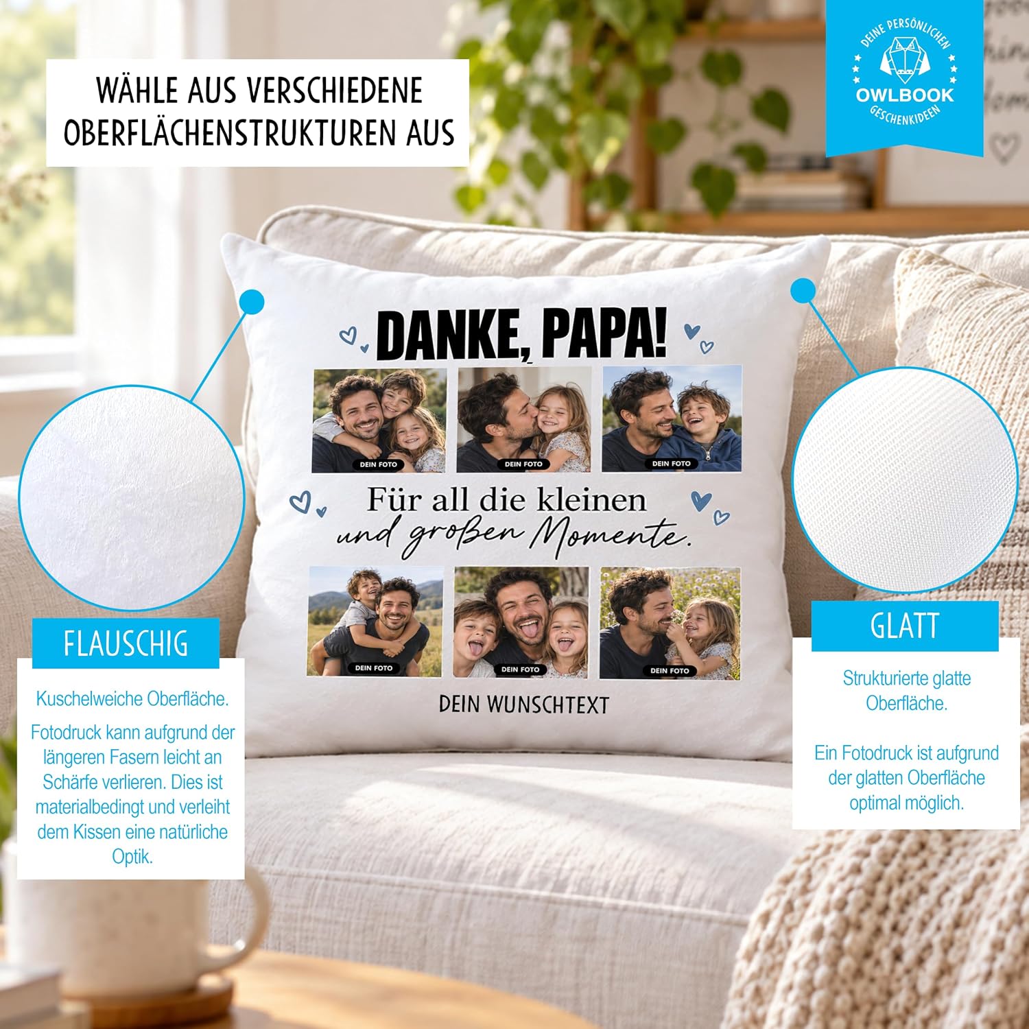 OWLBOOK® Photo Cushion for Dad with 6 Photos Design Yourself Birthday Dad – Bild 2