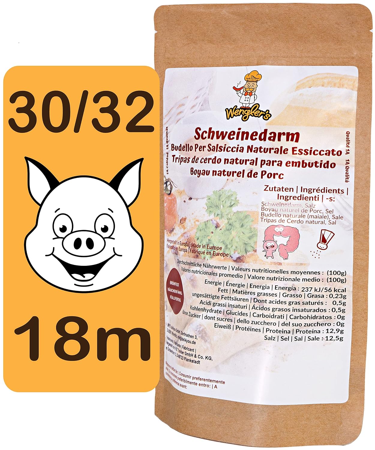 Wengler's Pork Intestine 30/32 for Bratwurst - 1A DIY Bratwurst Bowel Ready to Fill Butcher Quality - Brewproof, Smokable
