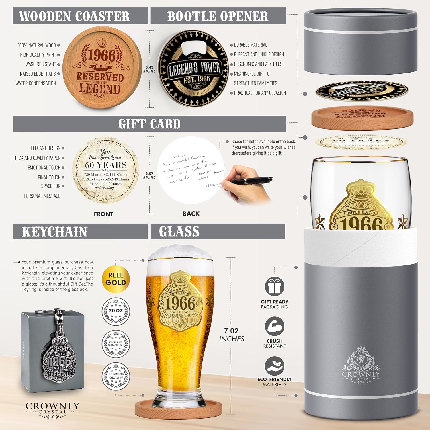 CROWNLY CRYSTAL® 1966 Beer Glass Engraved 570ml 60th Birthday Personalised Gift for Men 60 Years Dad Decoration Card Gift Idea – Bild 3