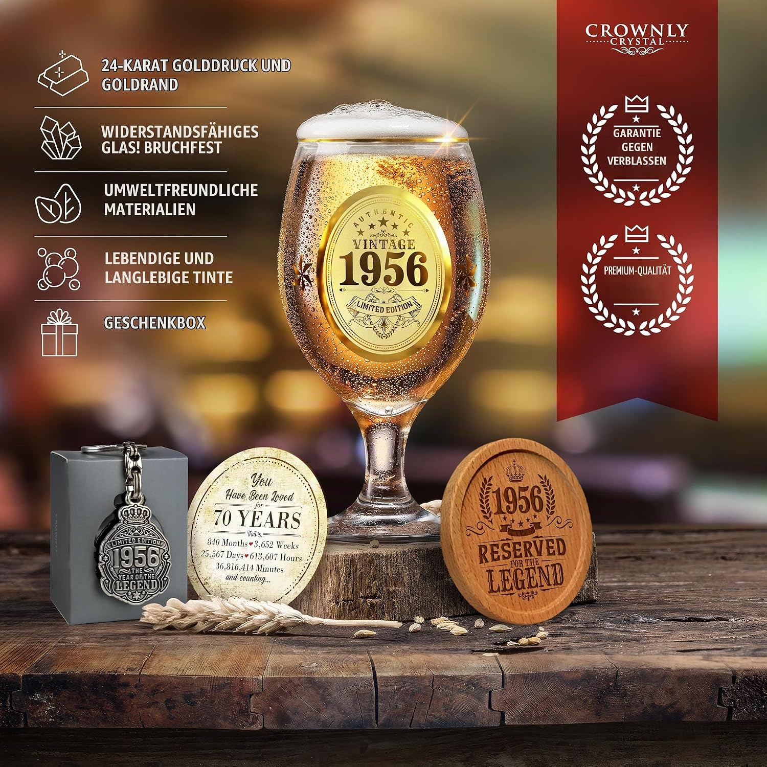 CROWNLY CRYSTAL® 1956 Beer Glass with Engraving 70th Birthday Man Personalised Gift Decoration Card 70 Years Gift Idea for Dad Grandpa – Bild 5
