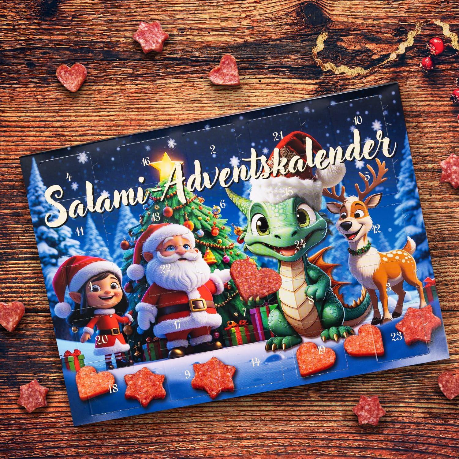 WURSTBARON Draco Salami Advent Calendar - 24 Mini Sausage Stars and Hearts, Snacks and Treats for Children at Christmas - High Quality and Smoky Flavours, 40.8 g – Bild 2