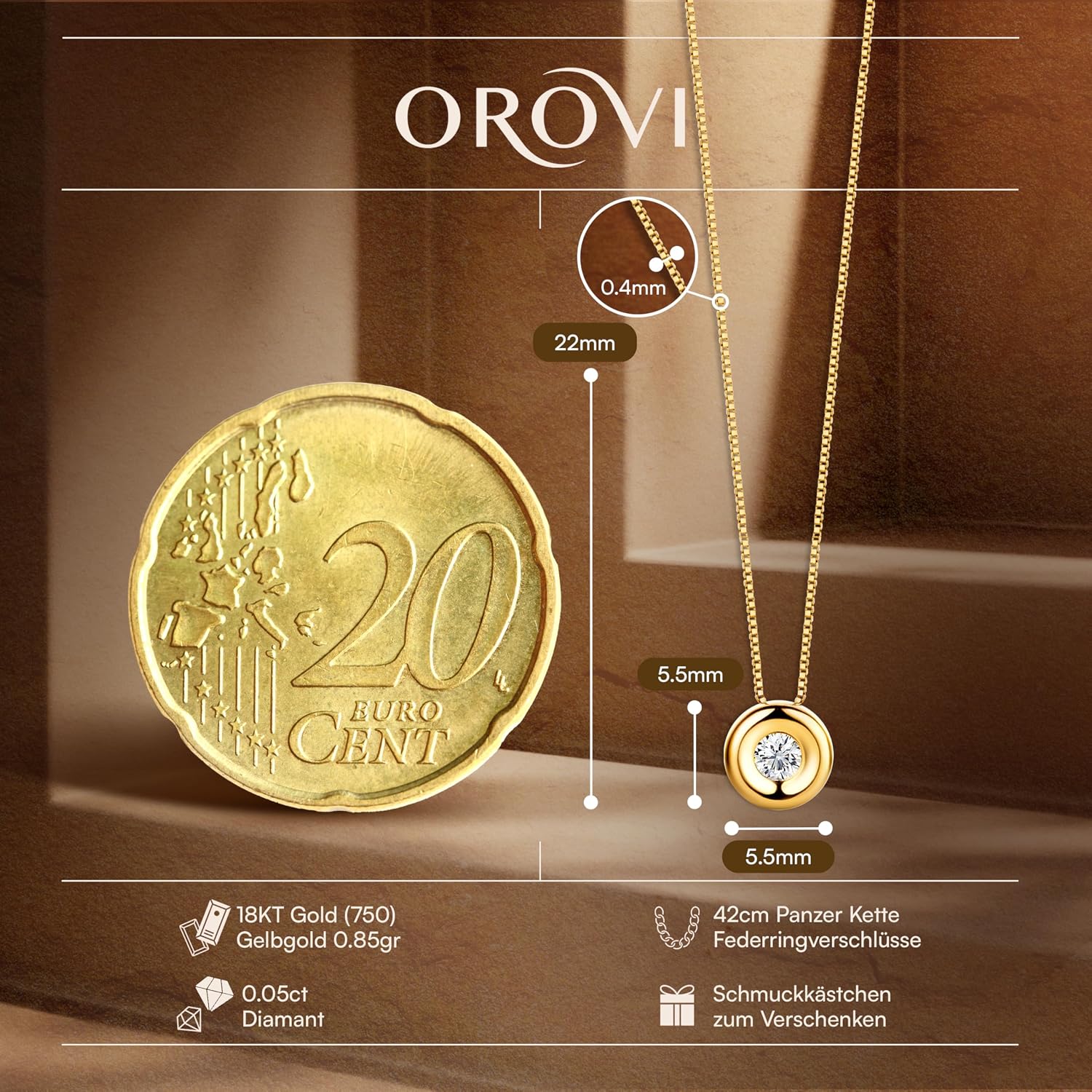 OROVI Women's 18ct White Gold / Yellow Gold Necklace with Natural Solitaire Diamond Pendant (0.05 Ct) in Bezel Setting - Luxury Gemstone Necklace Women - Allergen-free & Handmade (42 cm) – Bild 2
