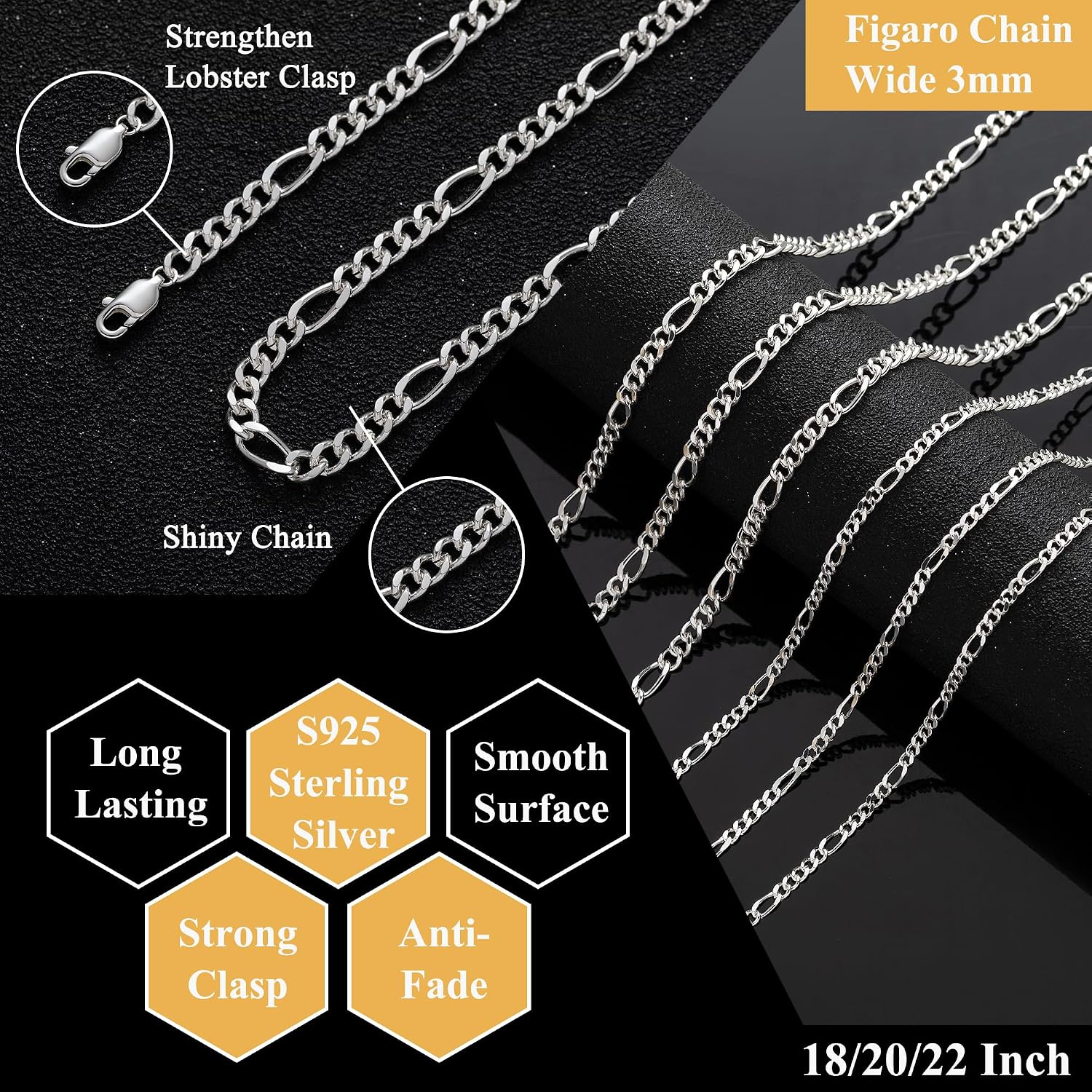 MOROTOLE Sterling Silver Figaro Chain Necklaces for Men Width 5 mm Diamond Cut Figaro Link Chain 18/20/22 Inches – Bild 6
