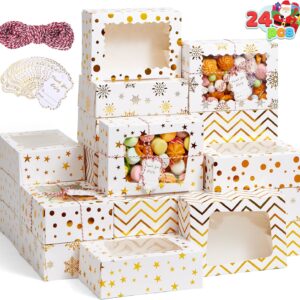 JOYIN Christmas Cookie Boxes, Gold Foil Boxes with Window, 9 x 6.2 x 3 inches, Bakery Gift Wrapping for Christmas, Holiday, Party, Pastry, Cupcakes, Cookies, Brownies, Donuts, 24