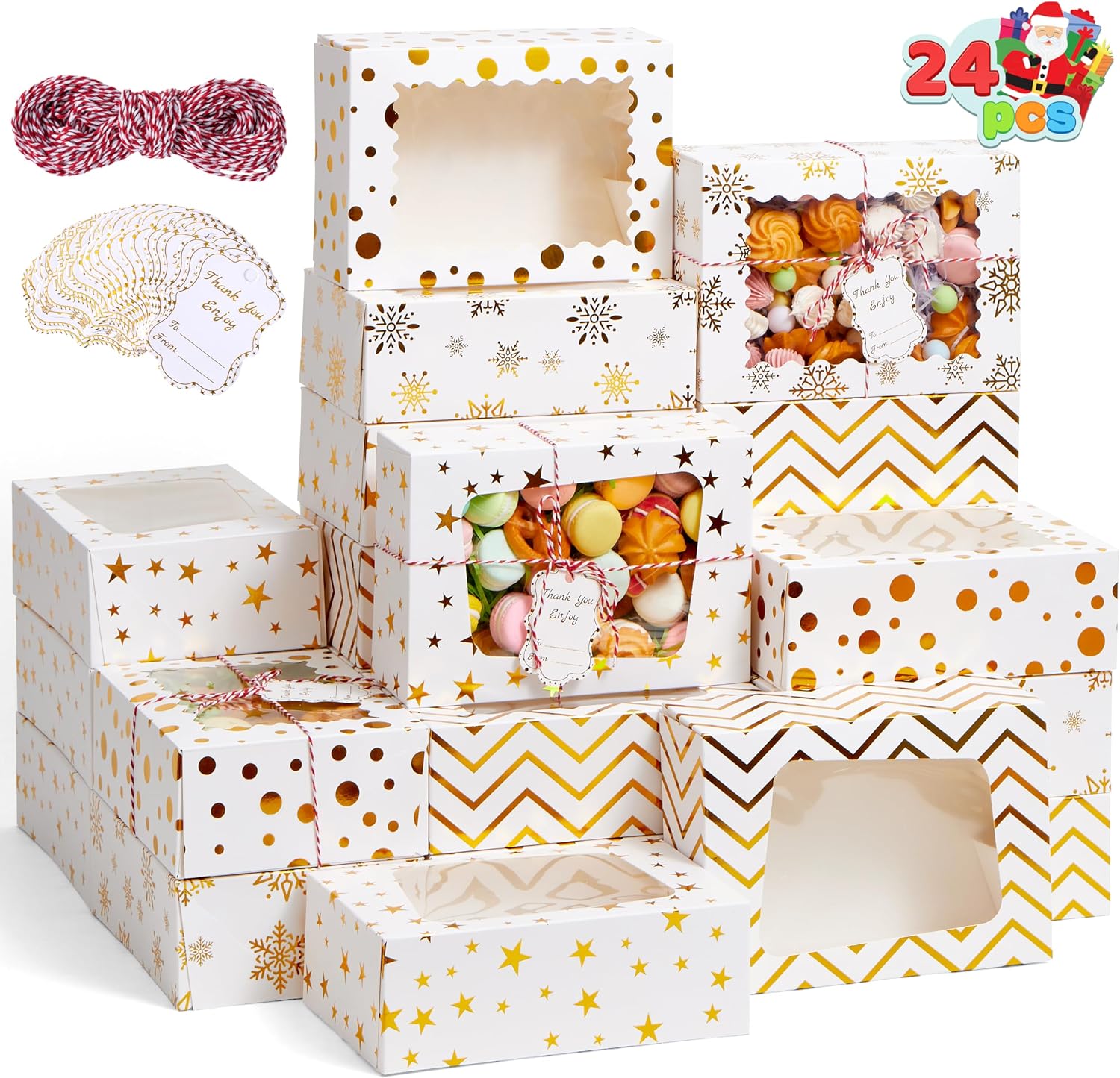 JOYIN Christmas Cookie Boxes, Gold Foil Boxes with Window, 9 x 6.2 x 3 inches, Bakery Gift Wrapping for Christmas, Holiday, Party, Pastry, Cupcakes, Cookies, Brownies, Donuts, 24