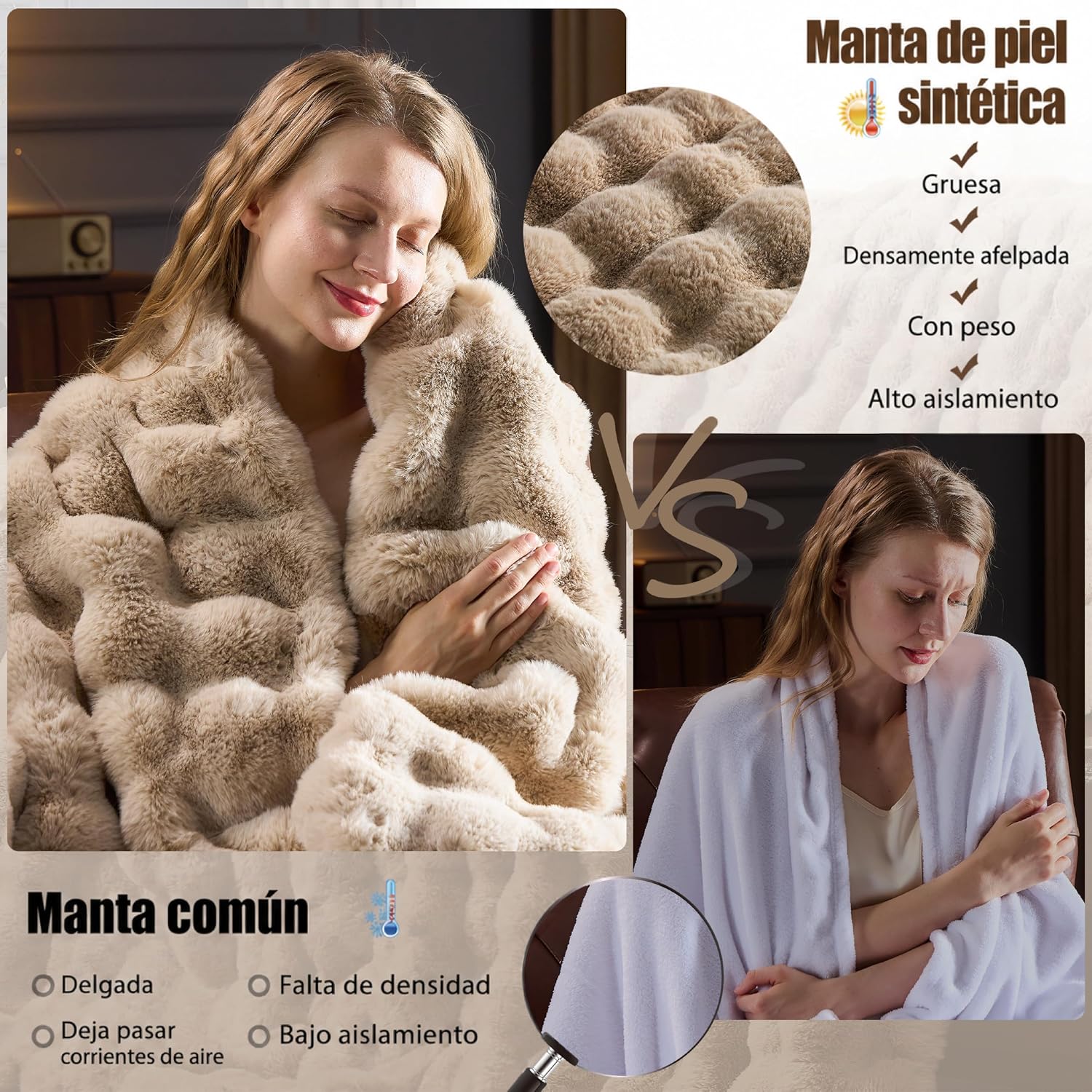 YBIKE Faux Fur Throw Blanket, Fluffy Soft Plush Bubble Blanket 150 × 130 cm, Warm Double-Sided Imitation Rabbit Blanket for Bed, Sofa, Couch and Armchair (Skin Color) – Bild 2
