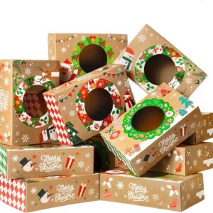 12 Christmas Cookie Boxes for Gifting, 22.1 x 14.6 x 7 cm, Christmas Bakery Treat Boxes with Window, 4 Designs, Kraft Cookie Tin Container Box for Baked Goods, Cupcakes, Pastries, Sweets