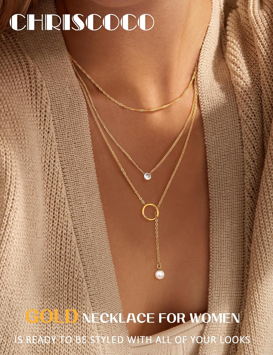 Chriscoco 2-3 Pieces Women's Gold Chain Gold Waterproof 18 K Gold-Plated Chains Set Stainless Steel Chain Gold Chain with Pendant Pearl Necklace CZ Gold Chain Women – Bild 2