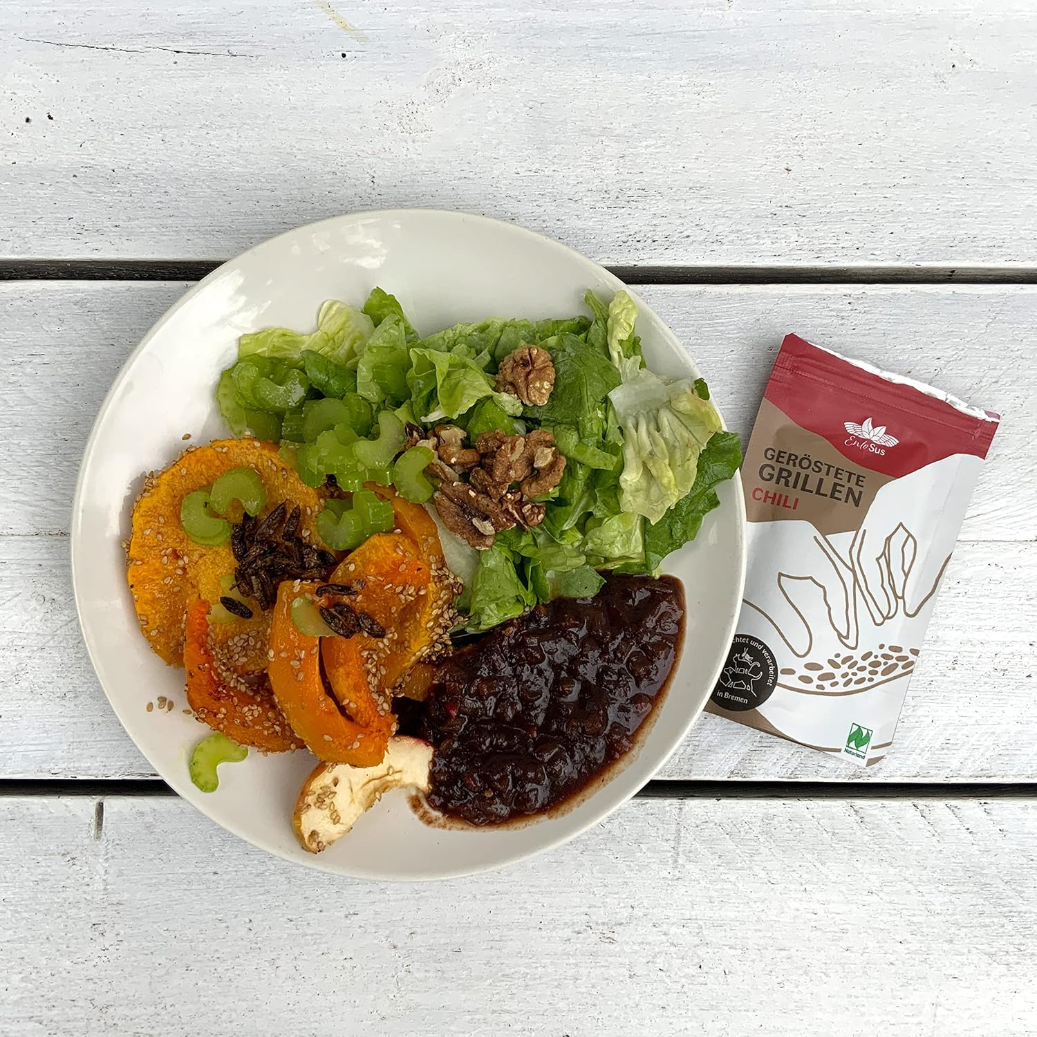 EntoSus Tasting Set Roasted Grills, 5 Flavours, Crunchy Snack Grilling, Sustainable Meat Substitute, Insects as Protein Snack or Cooking Ingredient, Cured in Germany, Contents: 5 x 20g – Bild 6