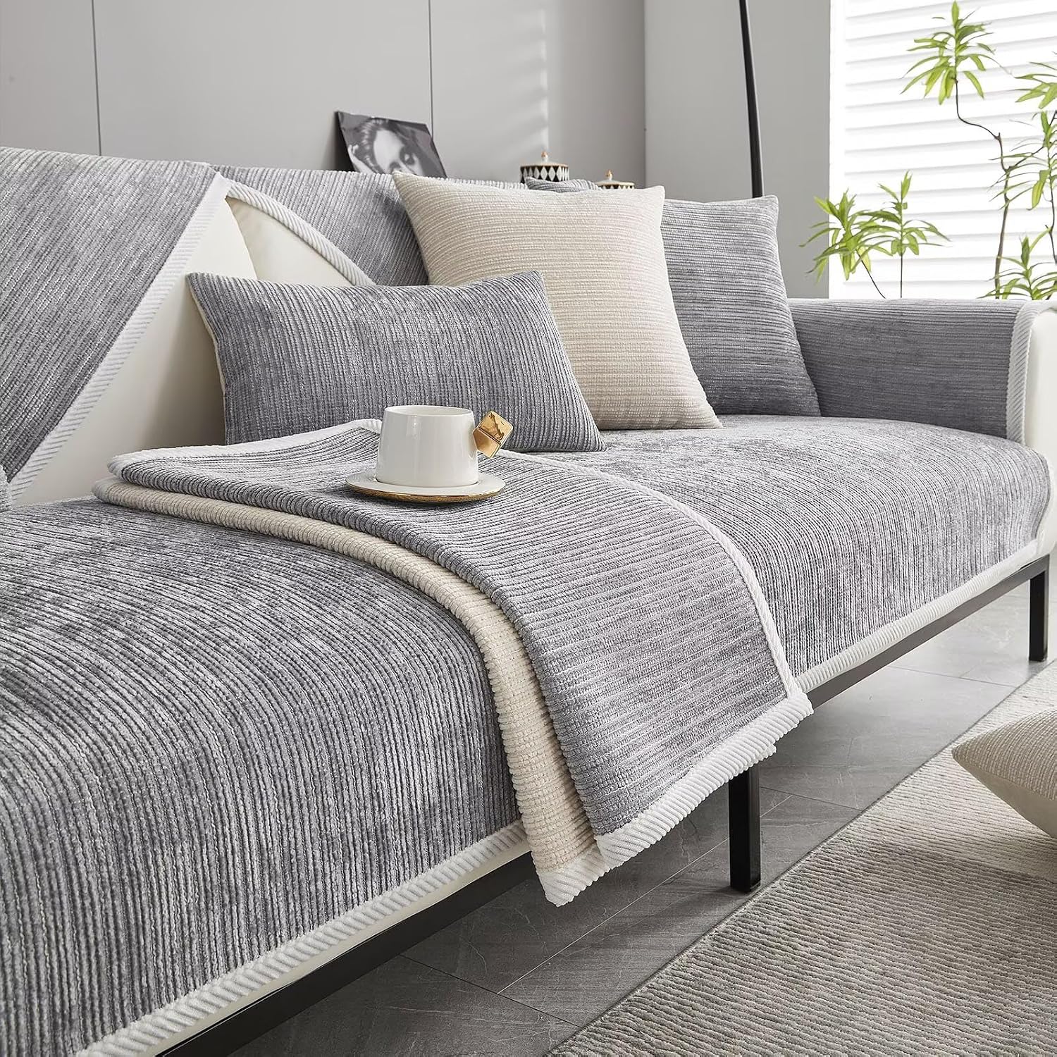 Sofa Cover, Couch Cover L Shape 1/2/3/4 Seater, Sofa Cover Corner Sofa Non-Slip Sofa Protector, Sofa Blankets for Seat, Universal Sofa Throw, Light Grey, 70 x 70 cm