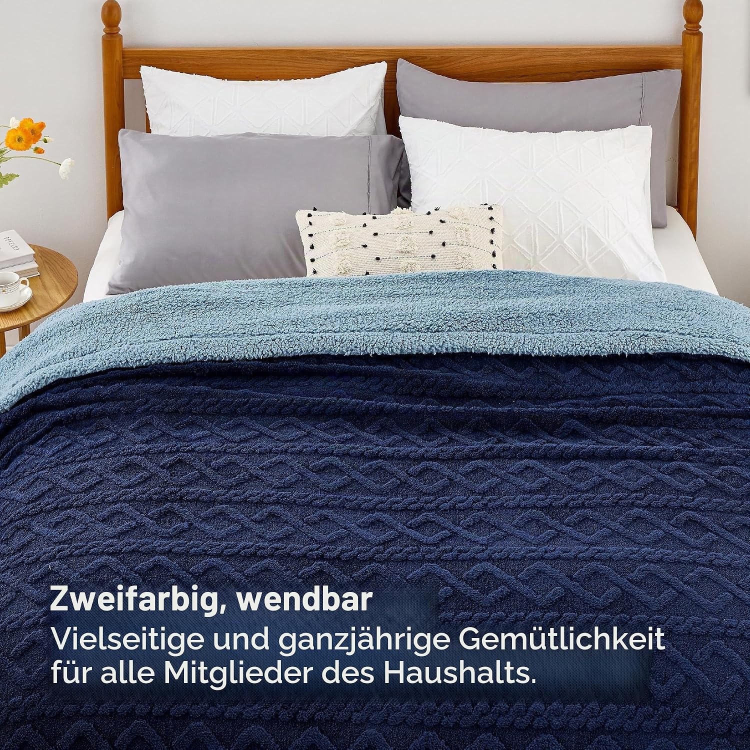 BEDSURE Sherpa Knitted Blanket 220 x 240 cm Warm Wool Blanket Blue – Bild 2