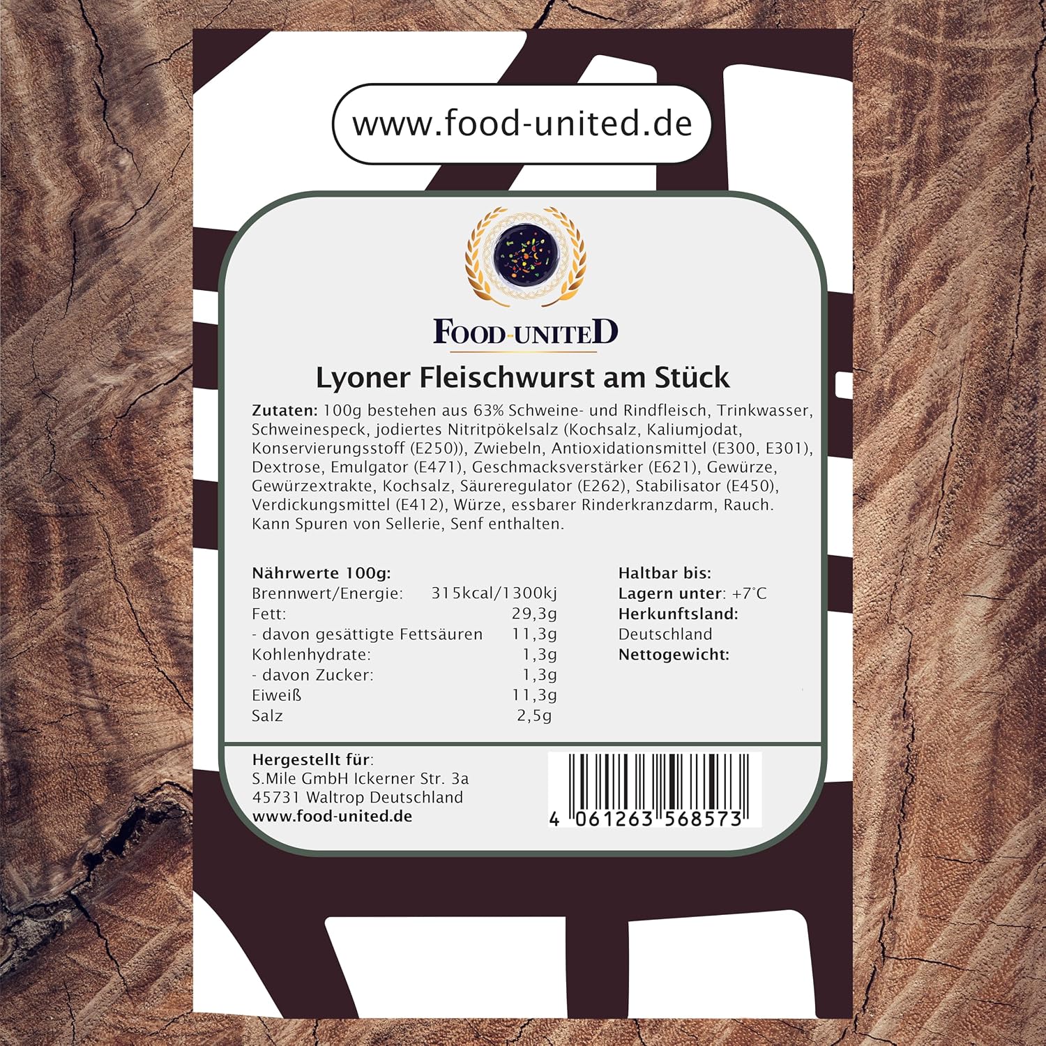 Food-United Lyoner Meat Sausage 1000 g in a Ring Smoked Edible Skin Juicy Mild Spicy Selected Basic Materials of Beef and Pork Top Quality from Bavaria – Bild 2
