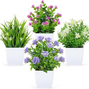 BTSD-home Pack of 4 Small Artificial Plants with Flowers for Table