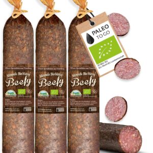 PALEO TO GO Beefy Salami [100% Organic] – High Protein Snack, Beef Salami Sticks – Air Dried Organic Sausage, Low Carb Protein Snack – Pack of 3 Salami Snack without Preservatives