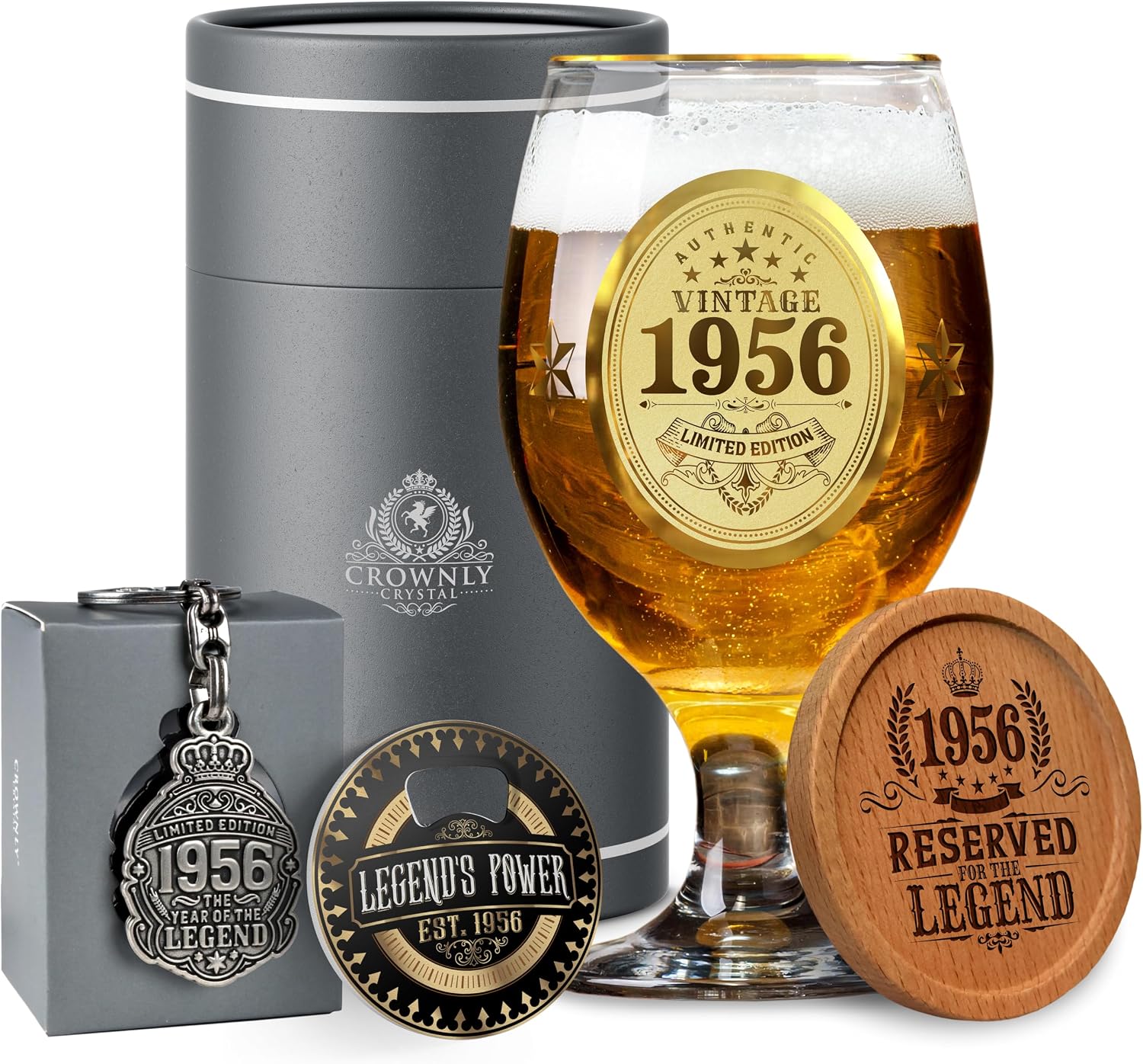 CROWNLY CRYSTAL® 1956 Beer Glass with Engraving 70th Birthday Man Personalised Gift Decoration Card 70 Years Gift Idea for Dad Grandpa