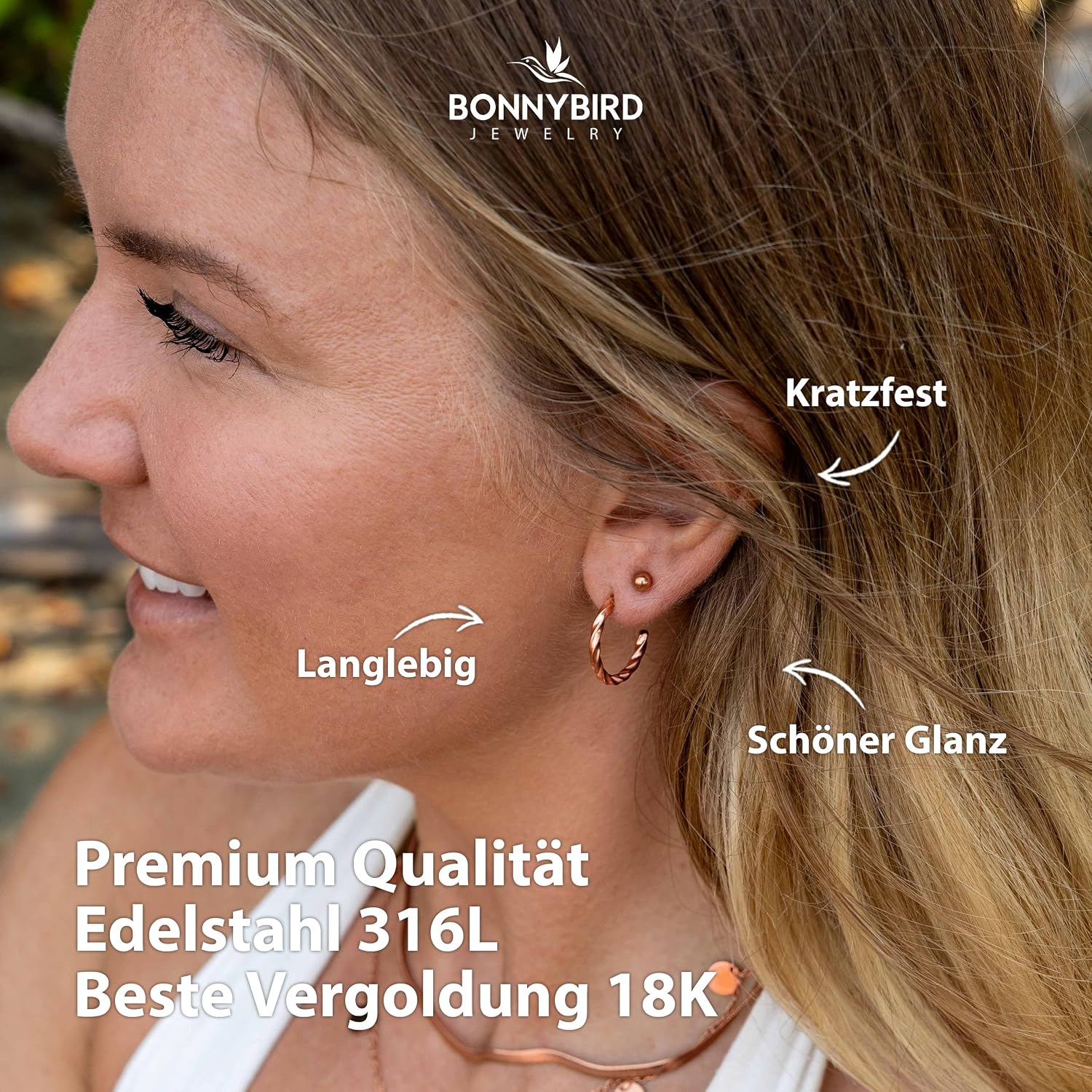 BONNYBIRD® Wasserfeste Edelstahl Ohrringe Damen in Silber, Gold & Roségold, Hypoallergen dank medizinischem Chirurgenstahl, Extra Leicht – Bild 2