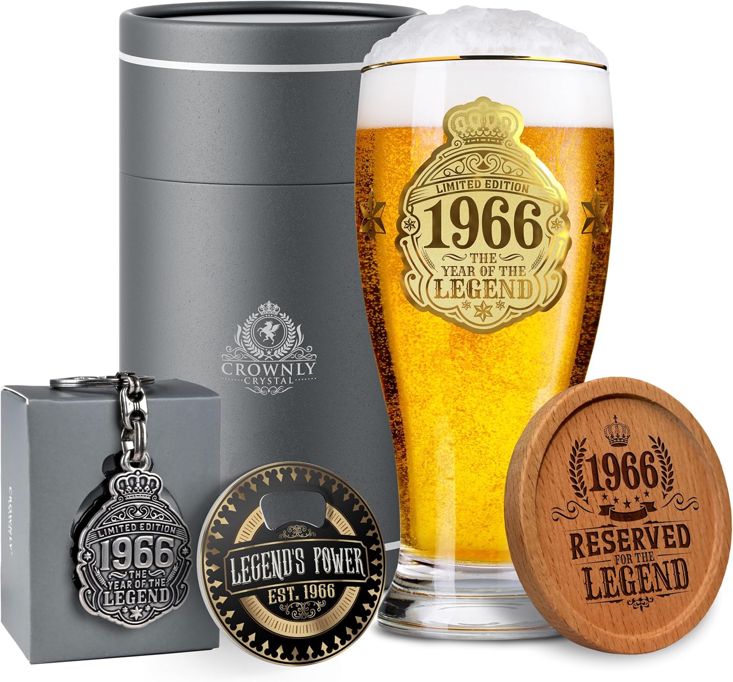 CROWNLY CRYSTAL® 1966 Beer Glass Engraved 570ml 60th Birthday Personalised Gift for Men 60 Years Dad Decoration Card Gift Idea