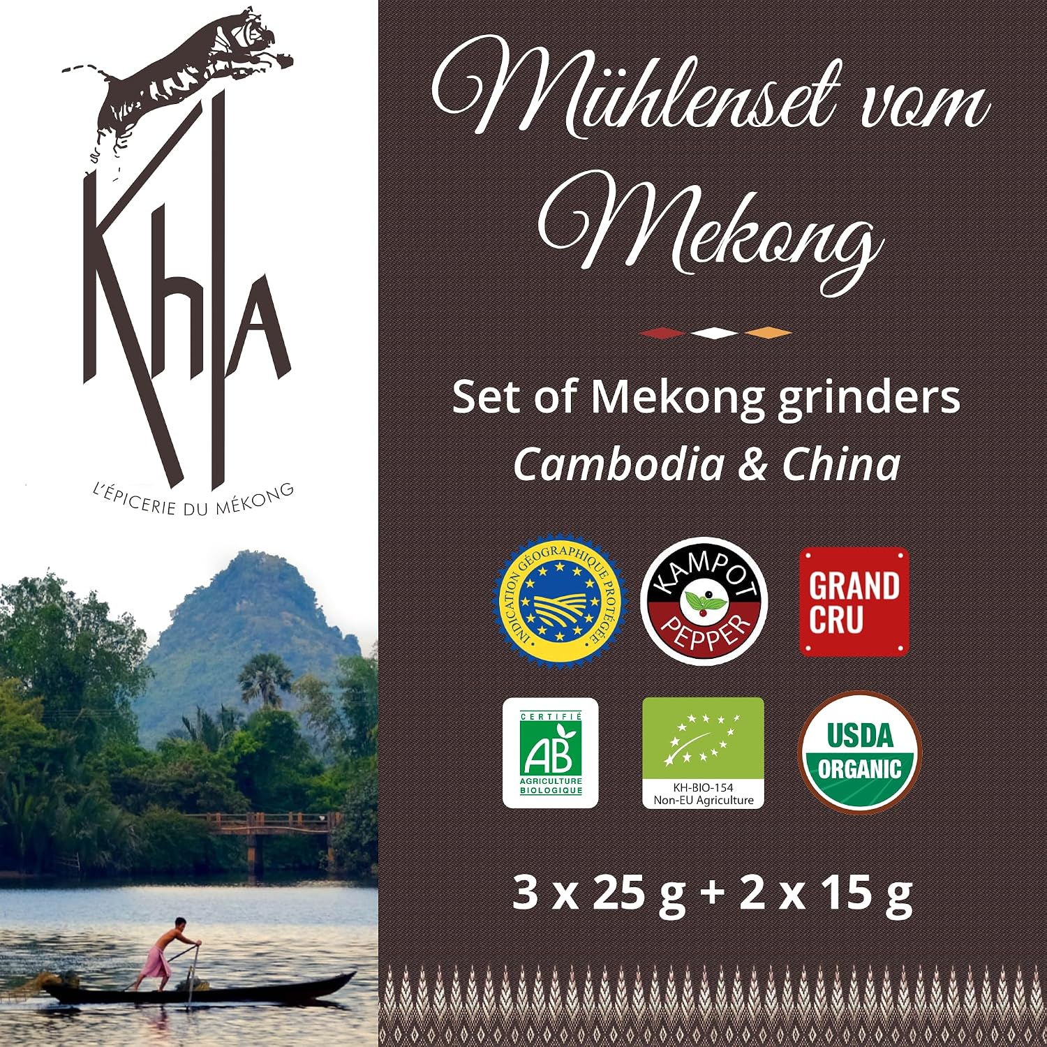 Khla - Set of 5 Mekong Pepper Mills - Gift Set - Kampot & Sichuan Pepper - Pepper from Around the World - Refillable Mills - Gift - Origin Cambodia & China – Bild 2