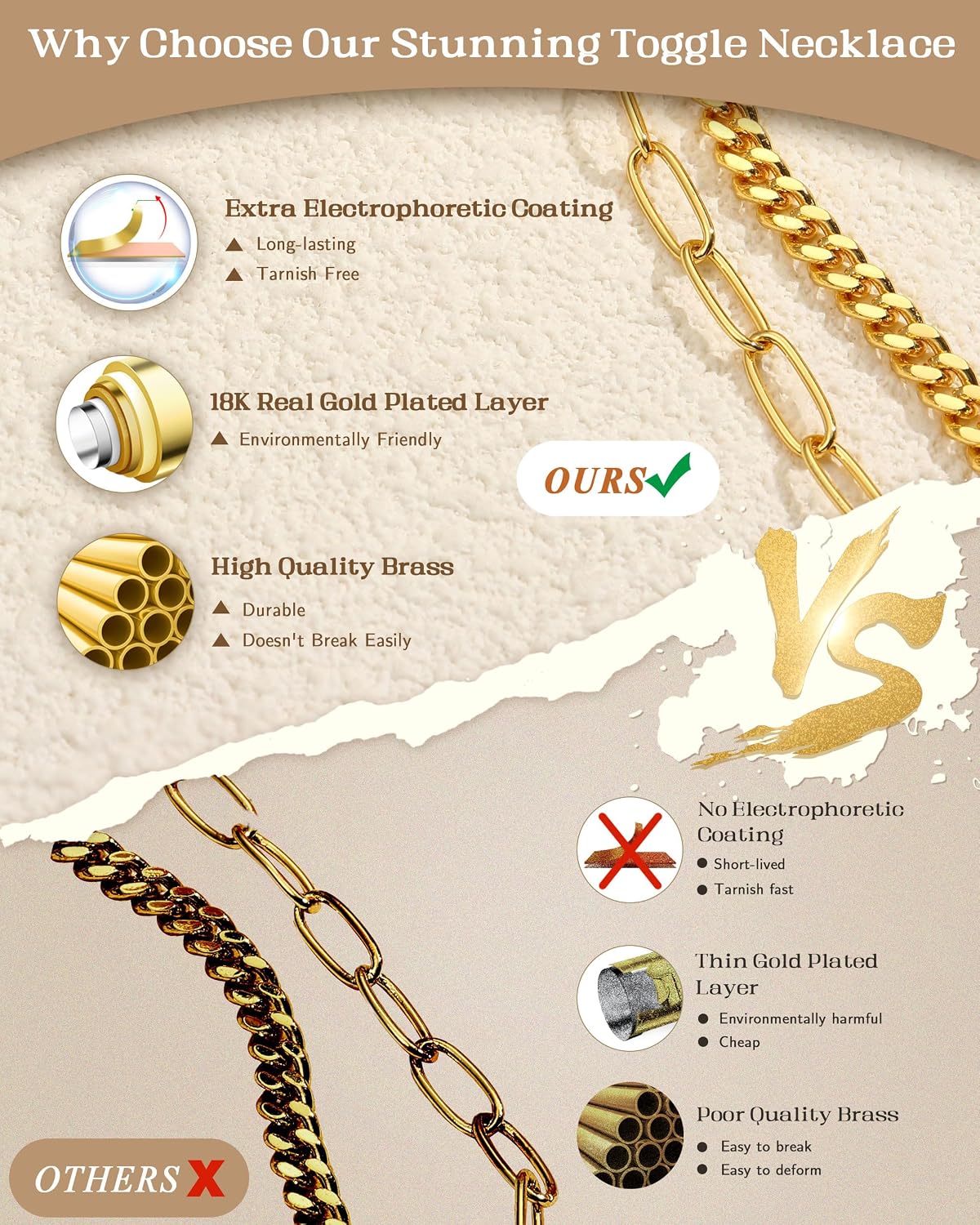 Adramata Necklace Women's Gold Stackable 14K Gold-Plated Chain Set Trendy Cuban Link Paper Clip Chain with Toggle Clasp Silver Chain Waterproof Jewellery – Bild 5
