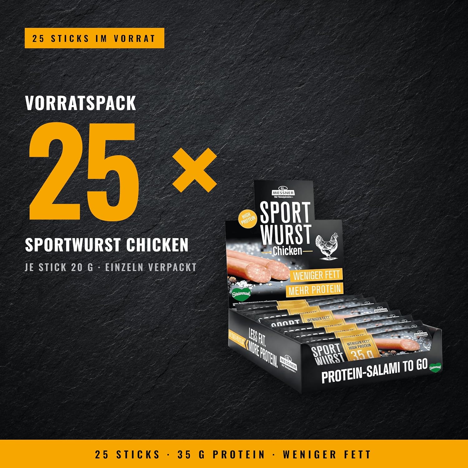 Messner Sportwurst Chicken 25x20g (500g) mit 35% Protein – Zarte Konsistenz, zuckerarm – Protein Snack, Low Carb Fleisch Snack, Chicken Snack – Bild 4