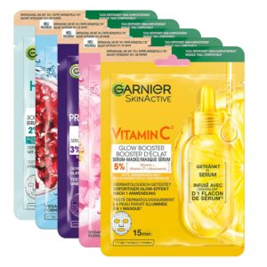 Garnier SkinActive Cloth Masks Set, Cloth Masks for the Face, Moisturising Face Masks, Refreshing, Revitalising, Smoothing, Gentle Radiant, Glow Boosting, Pack of 5