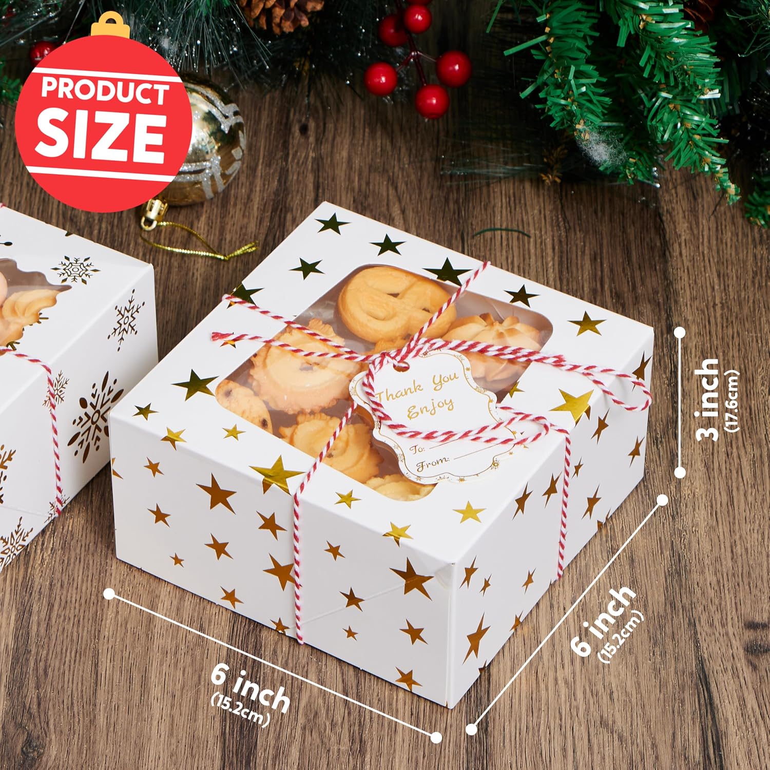 JOYIN Christmas Cookie Boxes, Gold Foil Box with Window, 6" x 6" x 3", Bakery Gift Wrapping with 4 Designs for Christmas, Holiday, Party, Pastry, Cupcakes, Cookies, Donuts, Pack of 24 – Bild 5