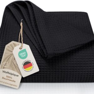 LAYNENBURG Premium Bedspread, 220 x 240 cm, XXL, Waffle Piqué, 100% Cotton, Lightweight Blanket, Waffle Look, Cotton Blanket as a Bed Throw, Sofa Throw, Sofa Throw, Sofa Blanket (Black)