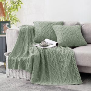 Homiest Cable Knit Throw Blanket and Pillows Sage Green Set of 3 Knitted Blanket (50 x 60 inches) and 2 Pillow Shams (18 x 18 inches), Soft and Cozy Decorative Set for Couch Bed Sofa
