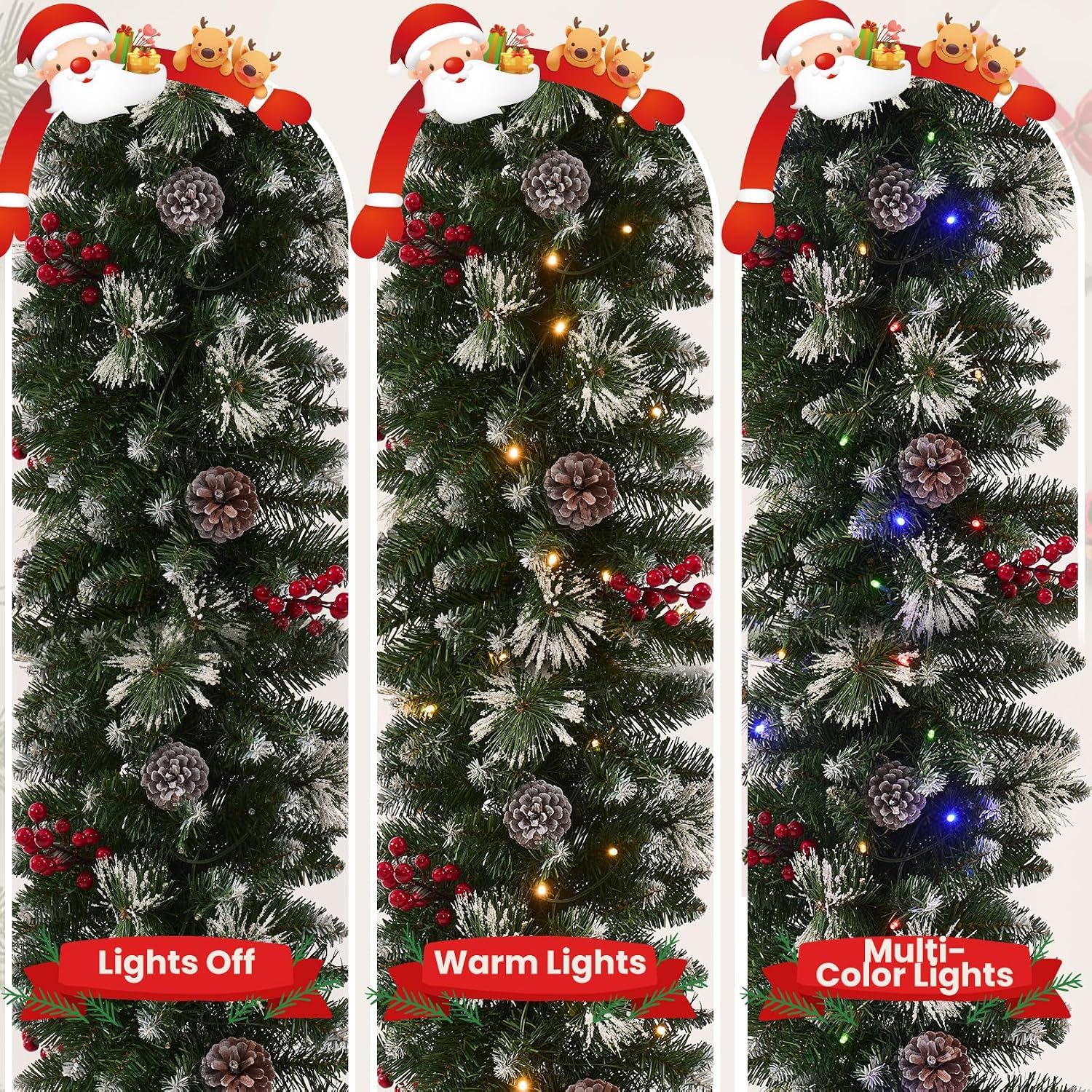 Christmas Illuminated Garland, Stairs Christmas Garland 2.7 M Artificial garland for stairs & outdoor decoration, battery operated, berries, pine cones, snowflakes, 8 light modes – Bild 6
