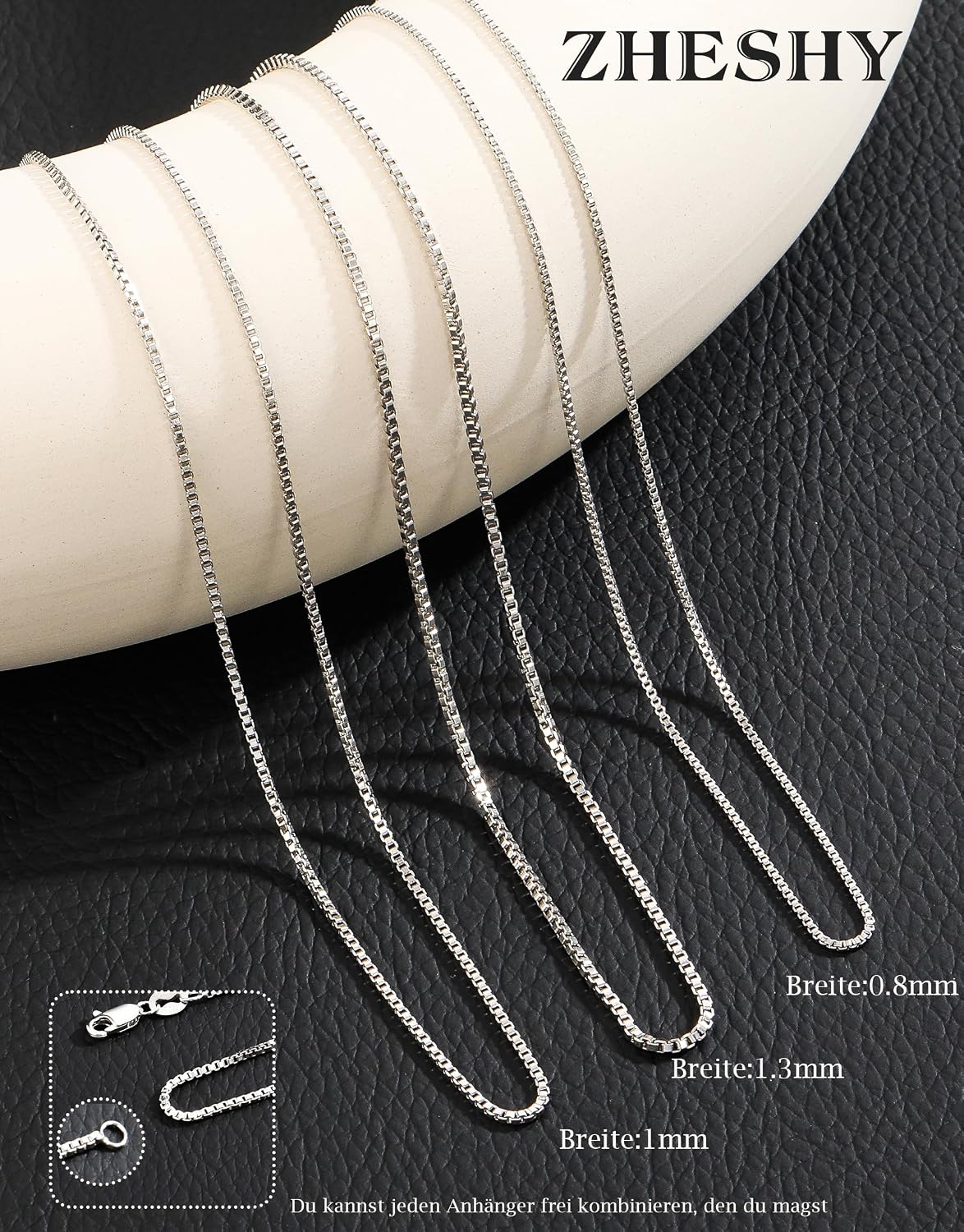 ZHESHY Women's 925 Silver Chain, 925 Sterling Silver Pendant, Fine Necklace, Width 0.8/1/1.3 mm, Waterproof, Antioxidation, Silver Jewellery, Gifts for Women, Girls, Length: 40 cm - 55 cm – Bild 5