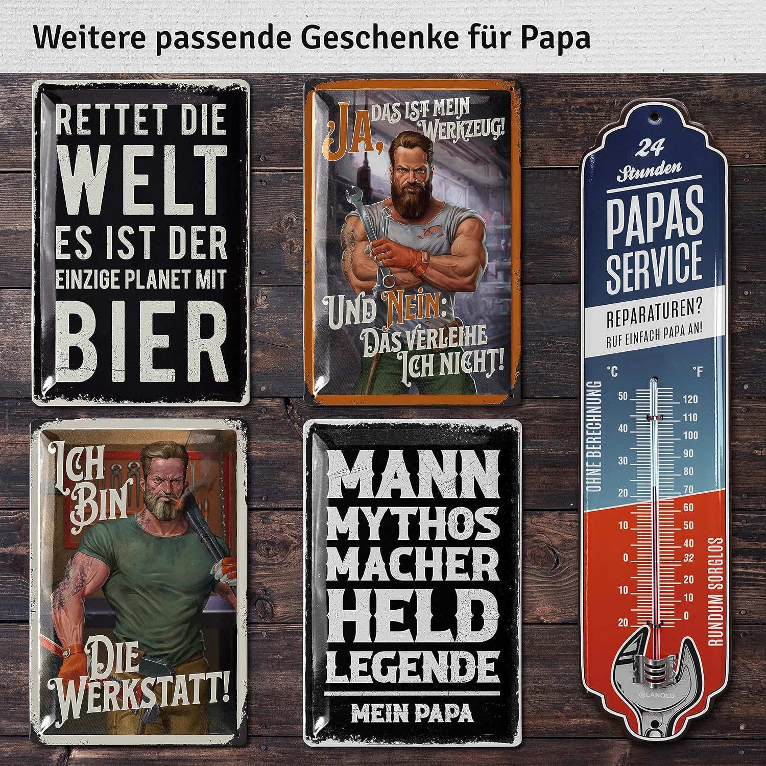 LANOLU Tin Sign Papas Workshop - Sign Papas Service - Birthday Gift or Father's Day Gift Sign for Dad - Funny Retro Decoration with Saying 17 x 34 cm – Bild 6